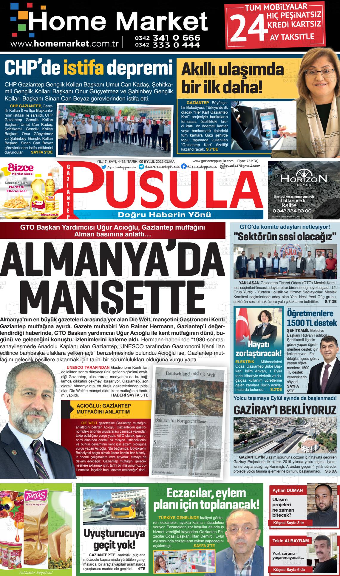 09 Eylül 2022 Gaziantep Pusula Gazete Manşeti