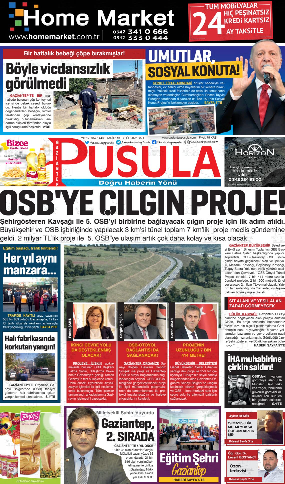 13 Eylül 2022 Gaziantep Pusula Gazete Manşeti