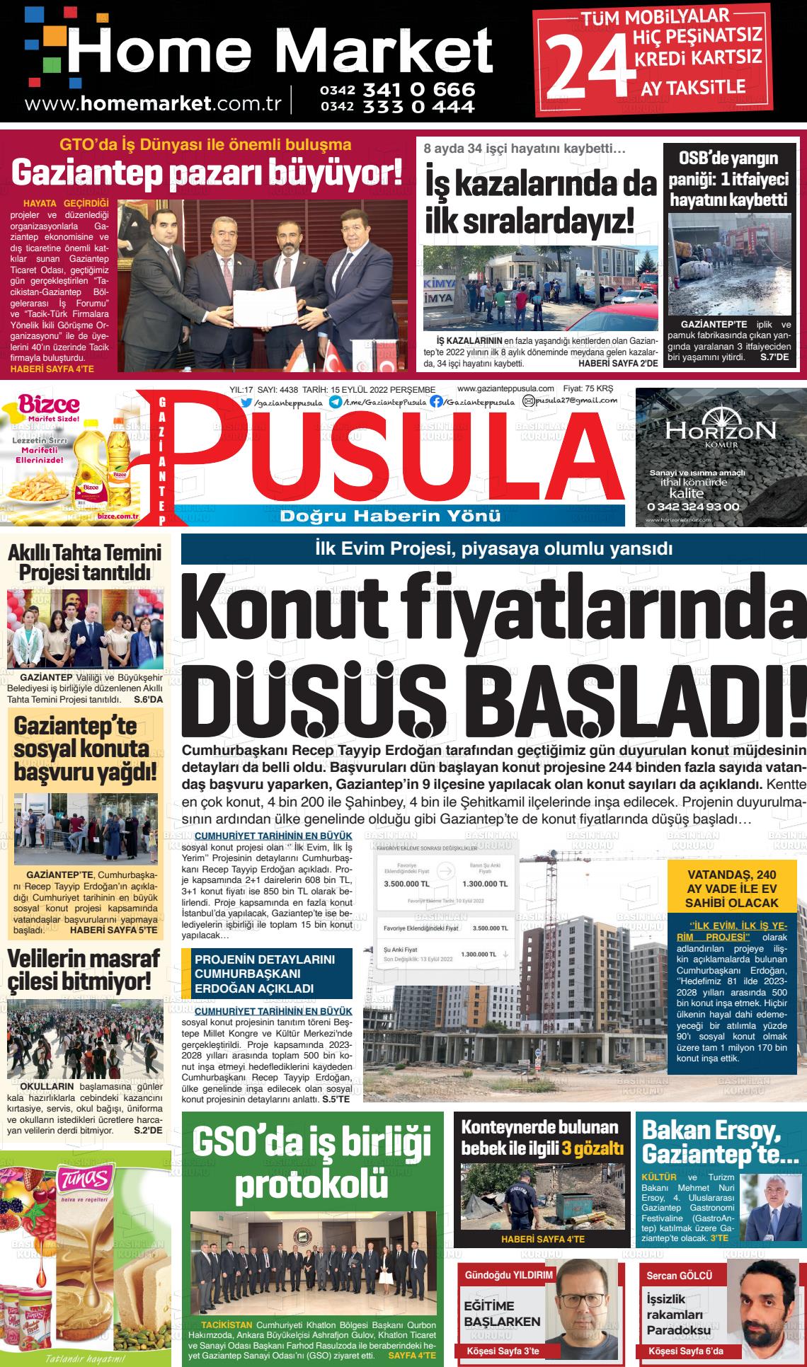 15 Eylül 2022 Gaziantep Pusula Gazete Manşeti