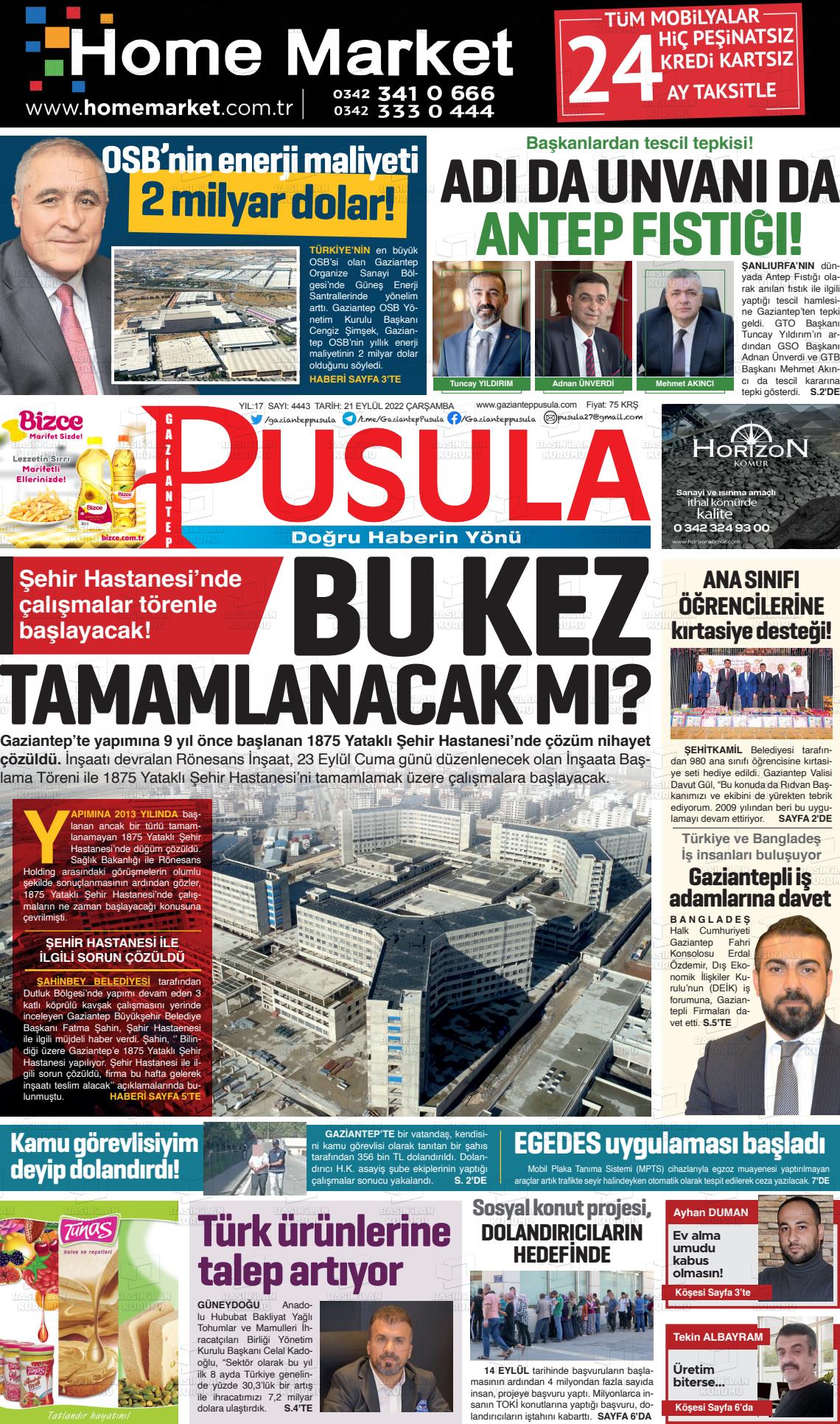 21 Eylül 2022 Gaziantep Pusula Gazete Manşeti