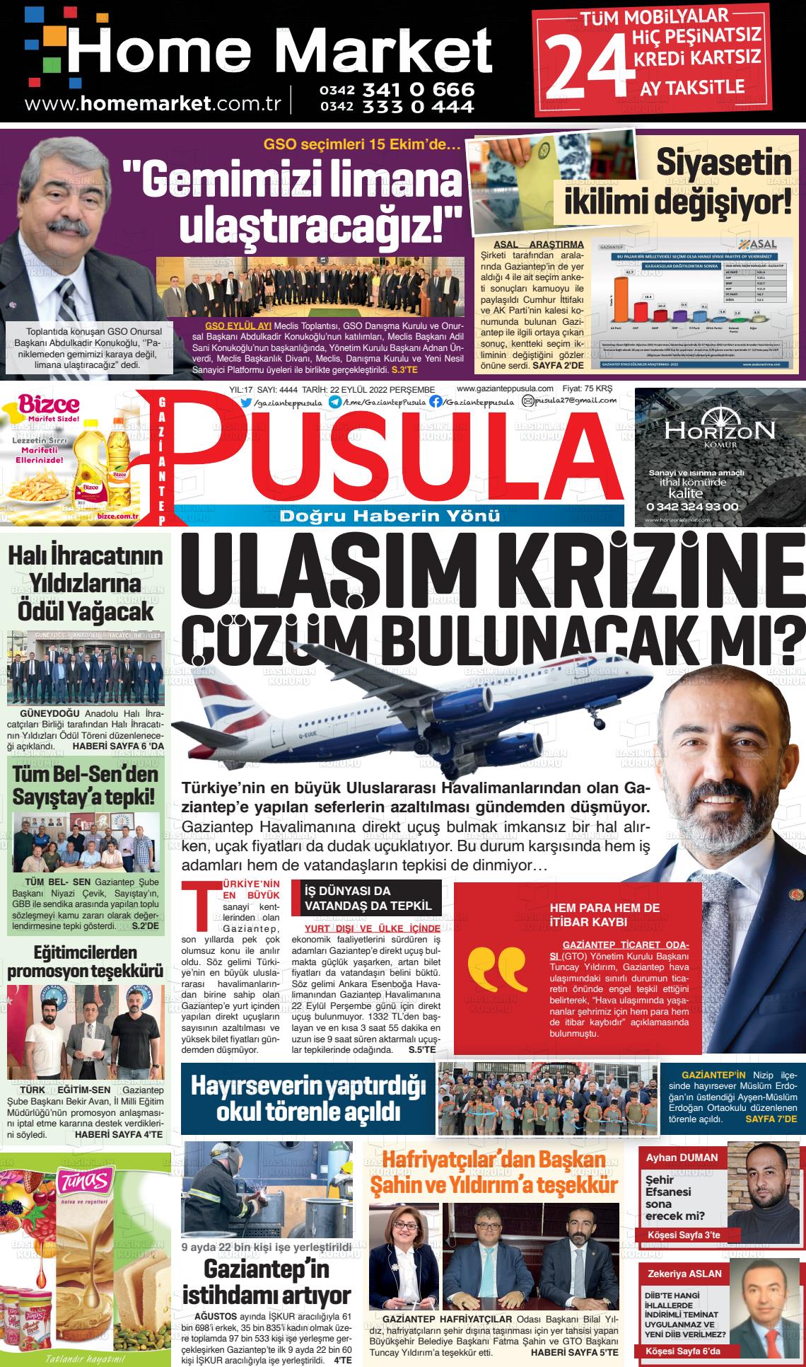 22 Eylül 2022 Gaziantep Pusula Gazete Manşeti