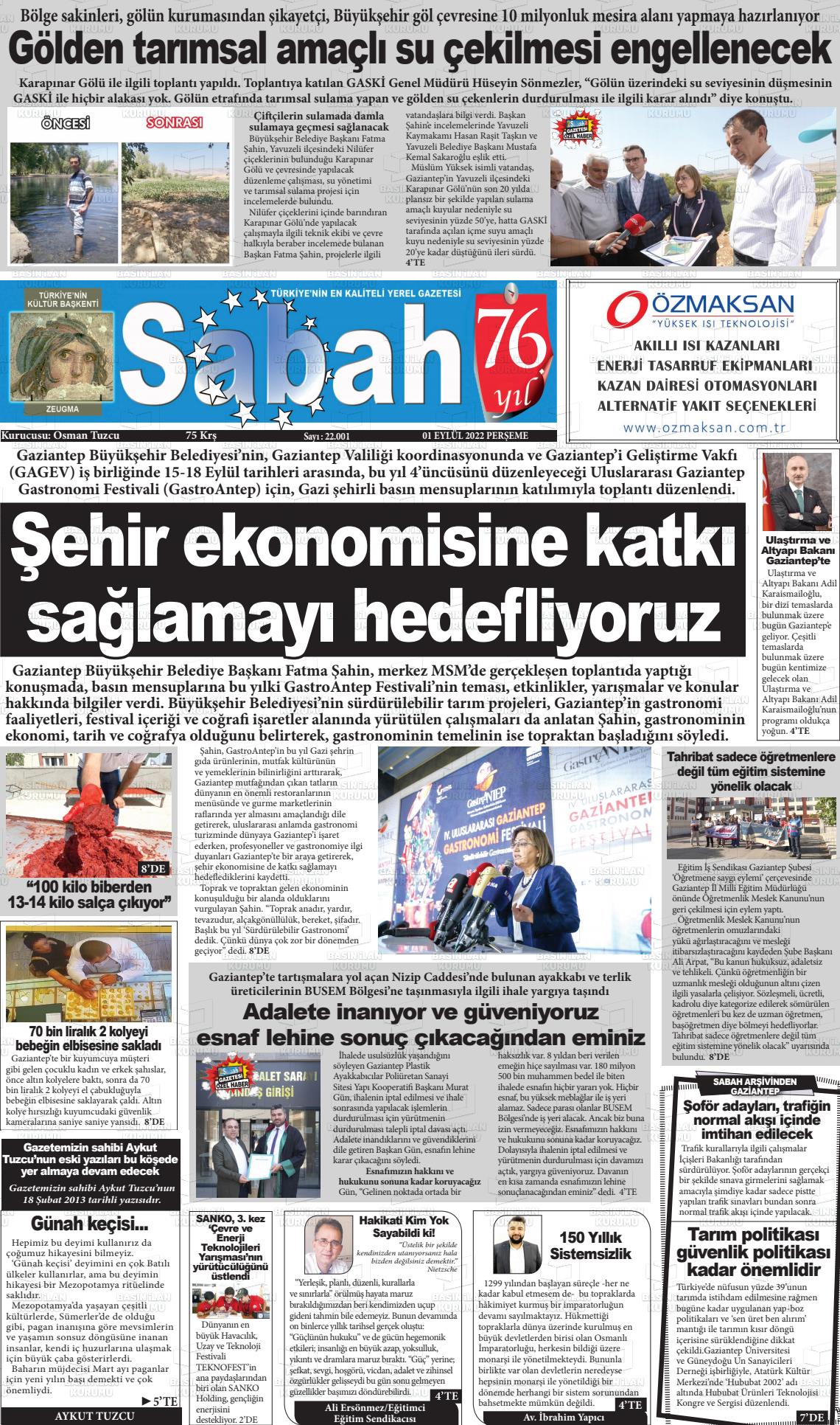 01 Eylül 2022 Gaziantep Sabah Gazete Manşeti