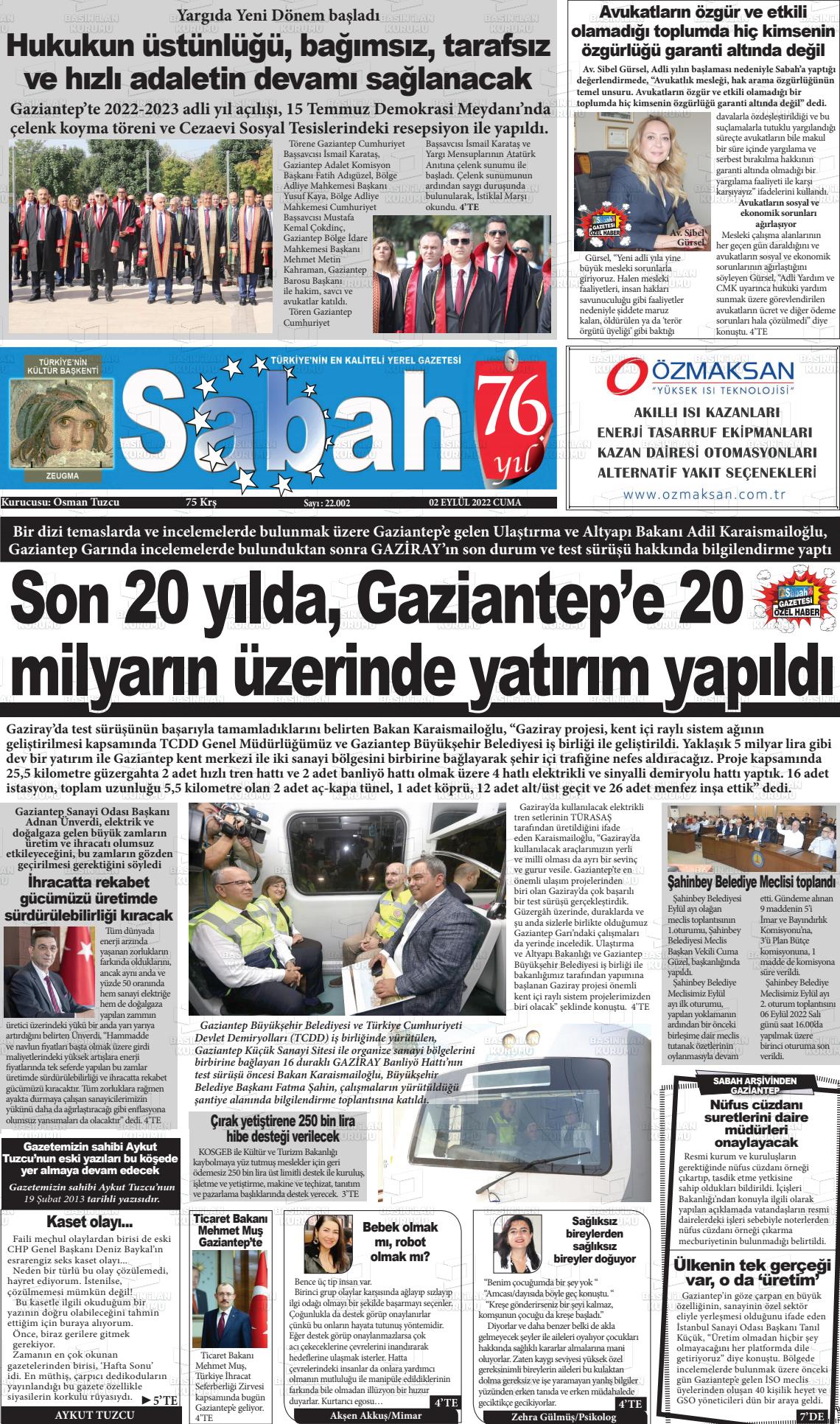 02 Eylül 2022 Gaziantep Sabah Gazete Manşeti