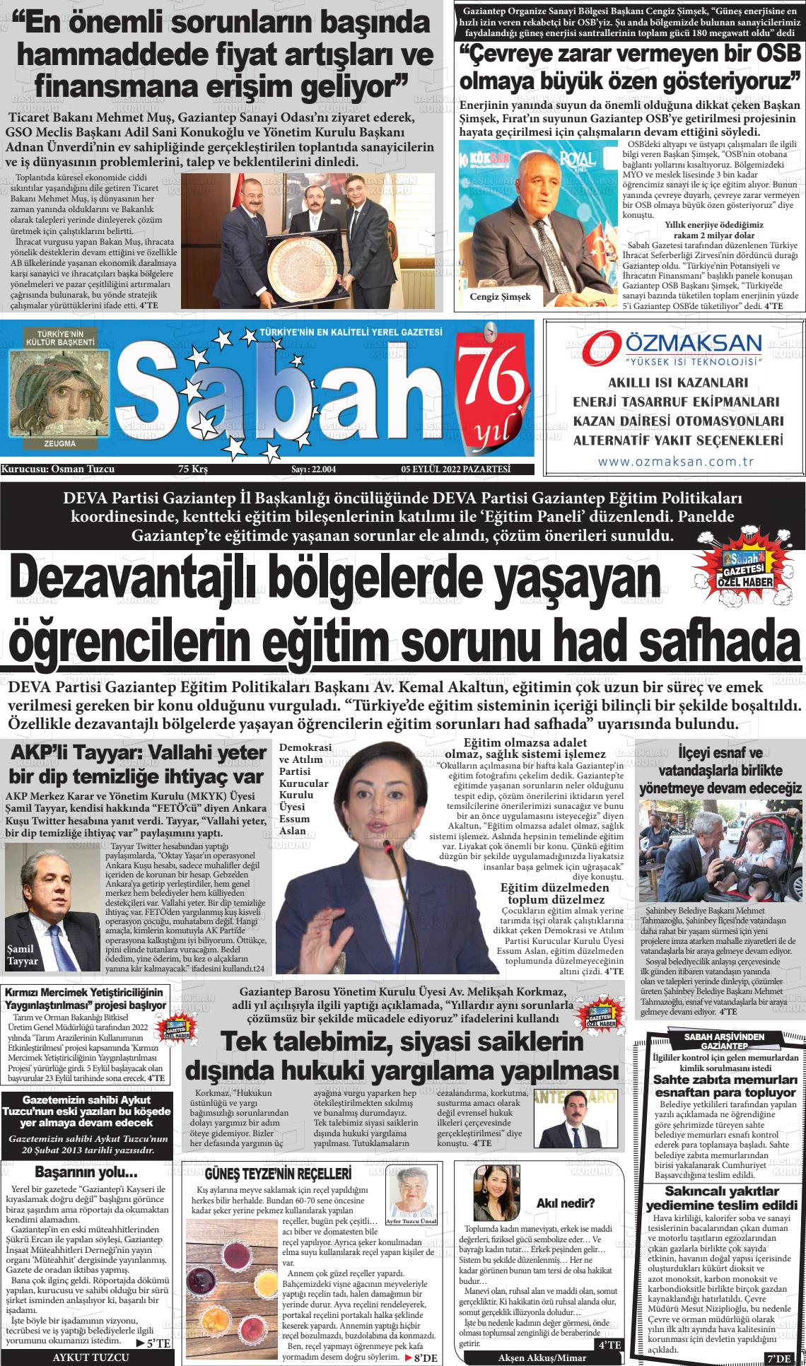 05 Eylül 2022 Gaziantep Sabah Gazete Manşeti