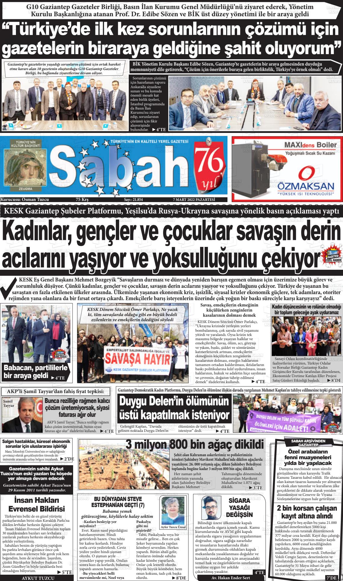 07 Mart 2022 Gaziantep Sabah Gazete Manşeti