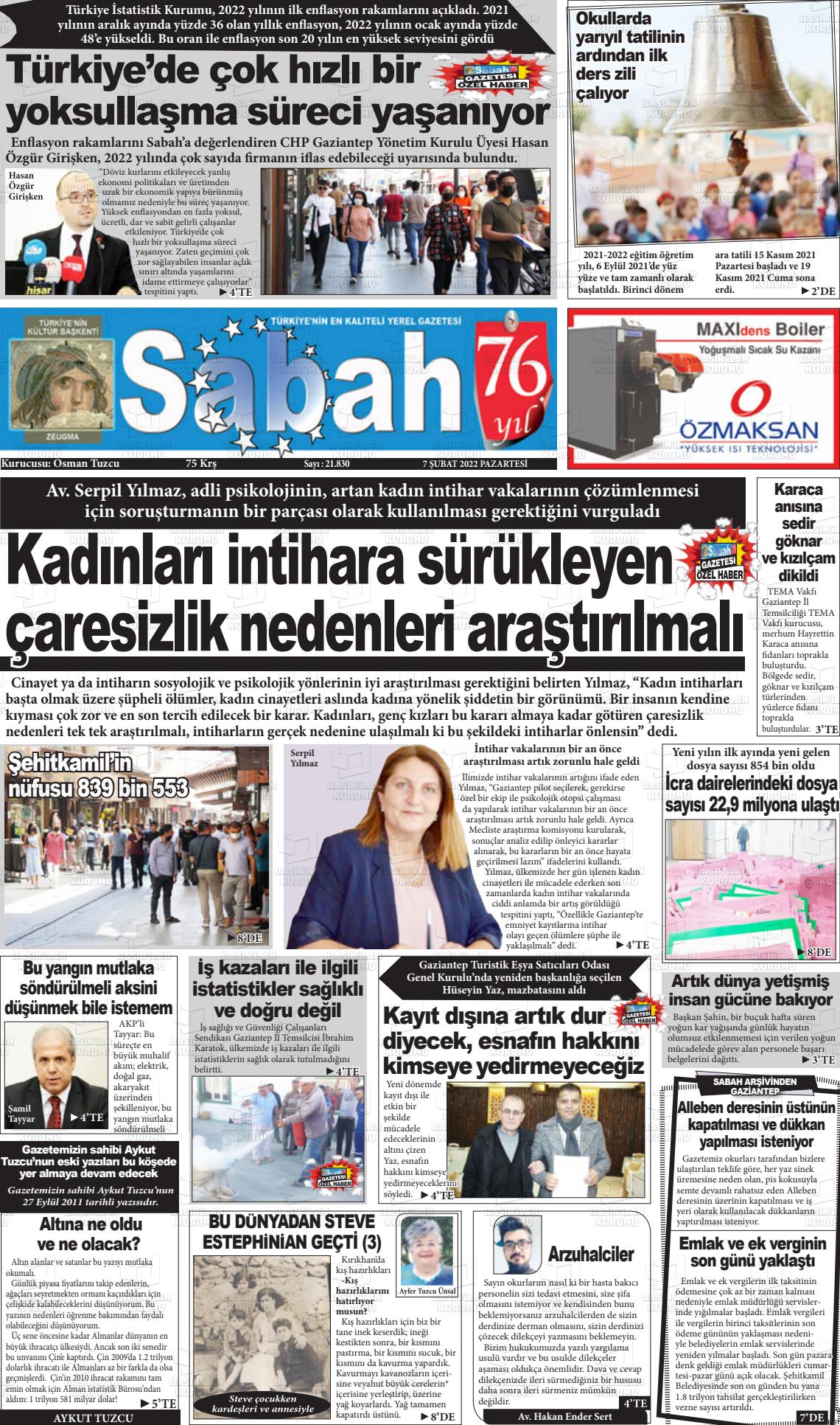 07 Şubat 2022 Gaziantep Sabah Gazete Manşeti