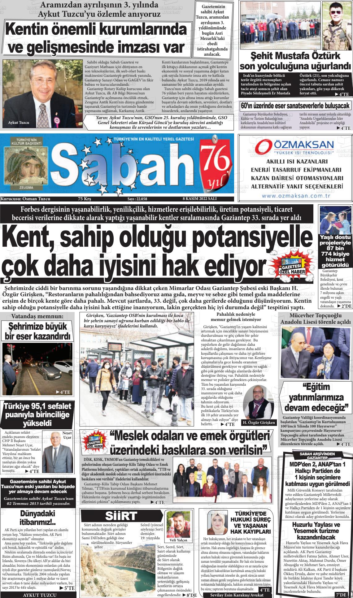 08 Kasım 2022 Gaziantep Sabah Gazete Manşeti