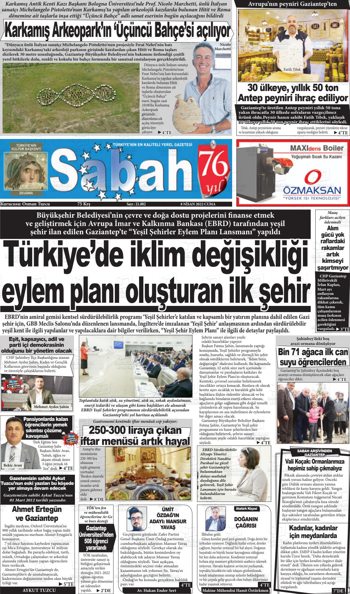 08 Nisan 2022 Gaziantep Sabah Gazete Manşeti