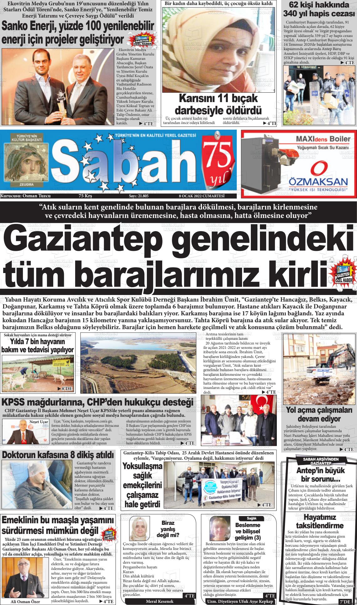 08 Ocak 2022 Gaziantep Sabah Gazete Manşeti