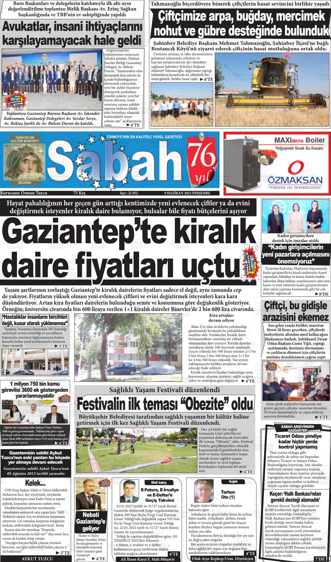 09 Haziran 2022 Gaziantep Sabah Gazete Manşeti