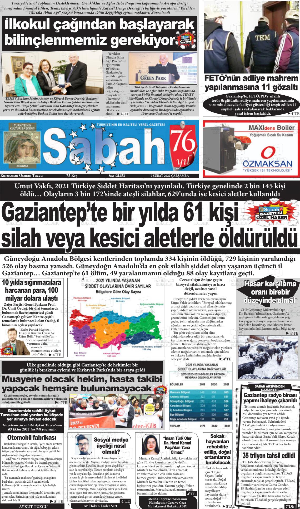 09 Şubat 2022 Gaziantep Sabah Gazete Manşeti