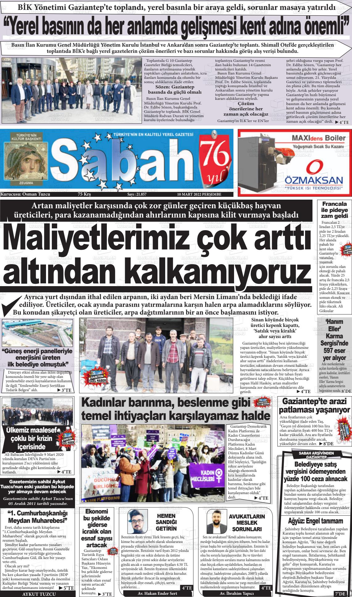 08 Mayıs 2022 Gaziantep Sabah Gazete Manşeti