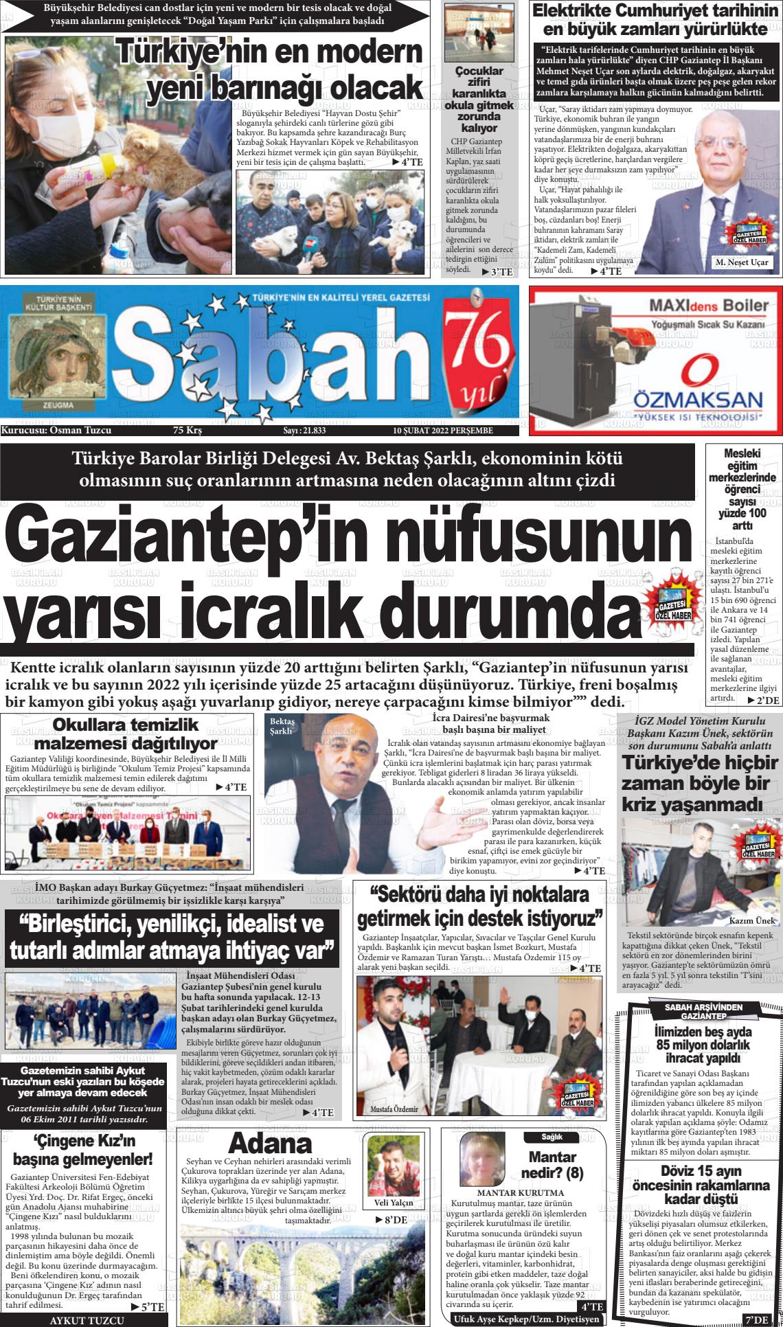 10 Şubat 2022 Gaziantep Sabah Gazete Manşeti