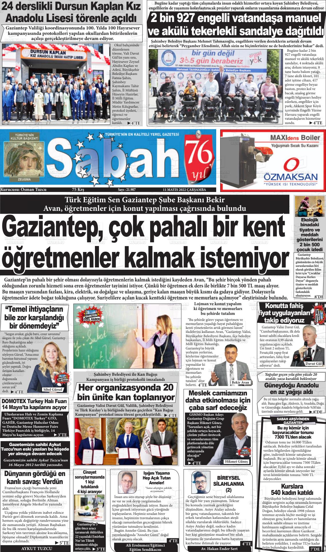 11 Mayıs 2022 Gaziantep Sabah Gazete Manşeti