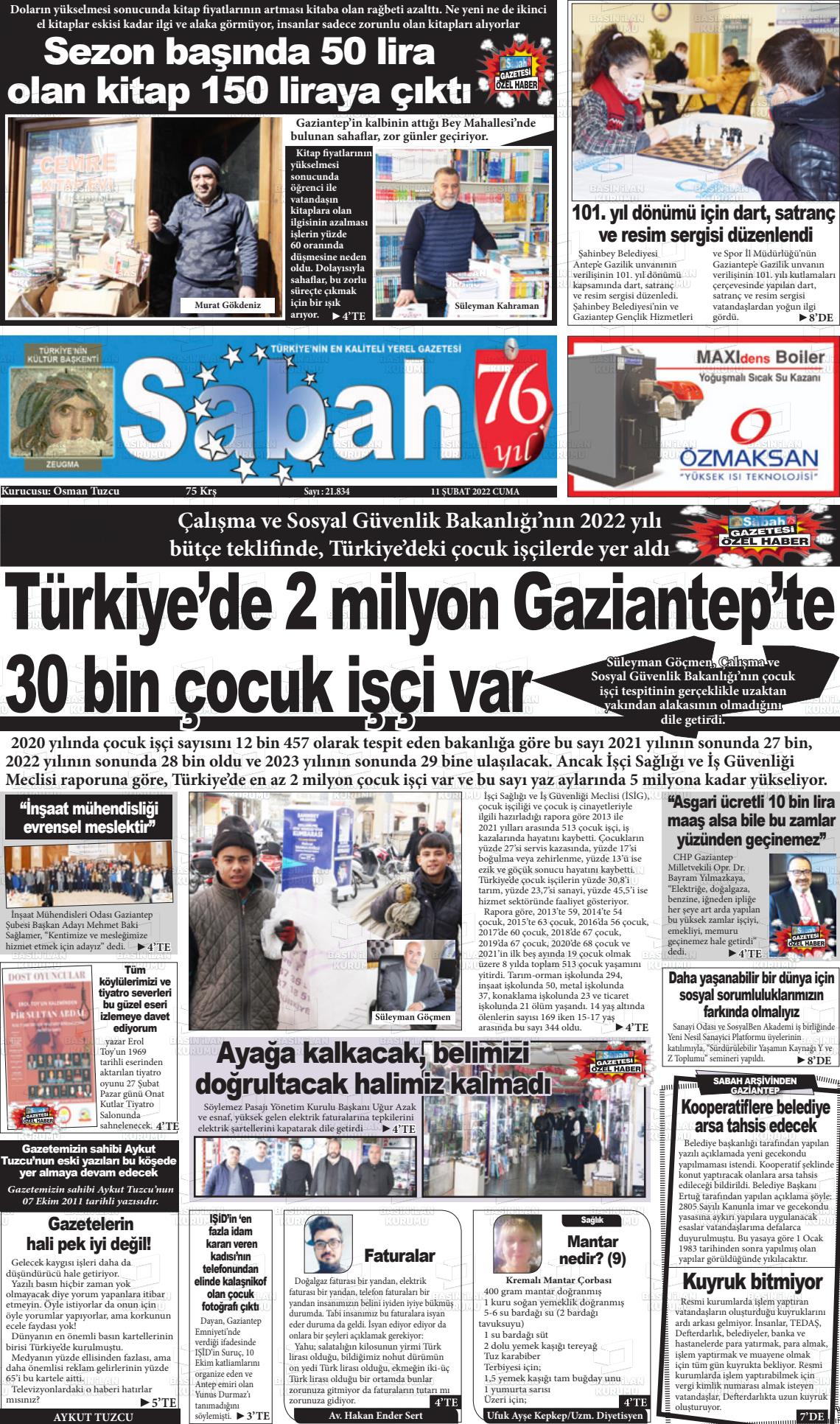 11 Şubat 2022 Gaziantep Sabah Gazete Manşeti