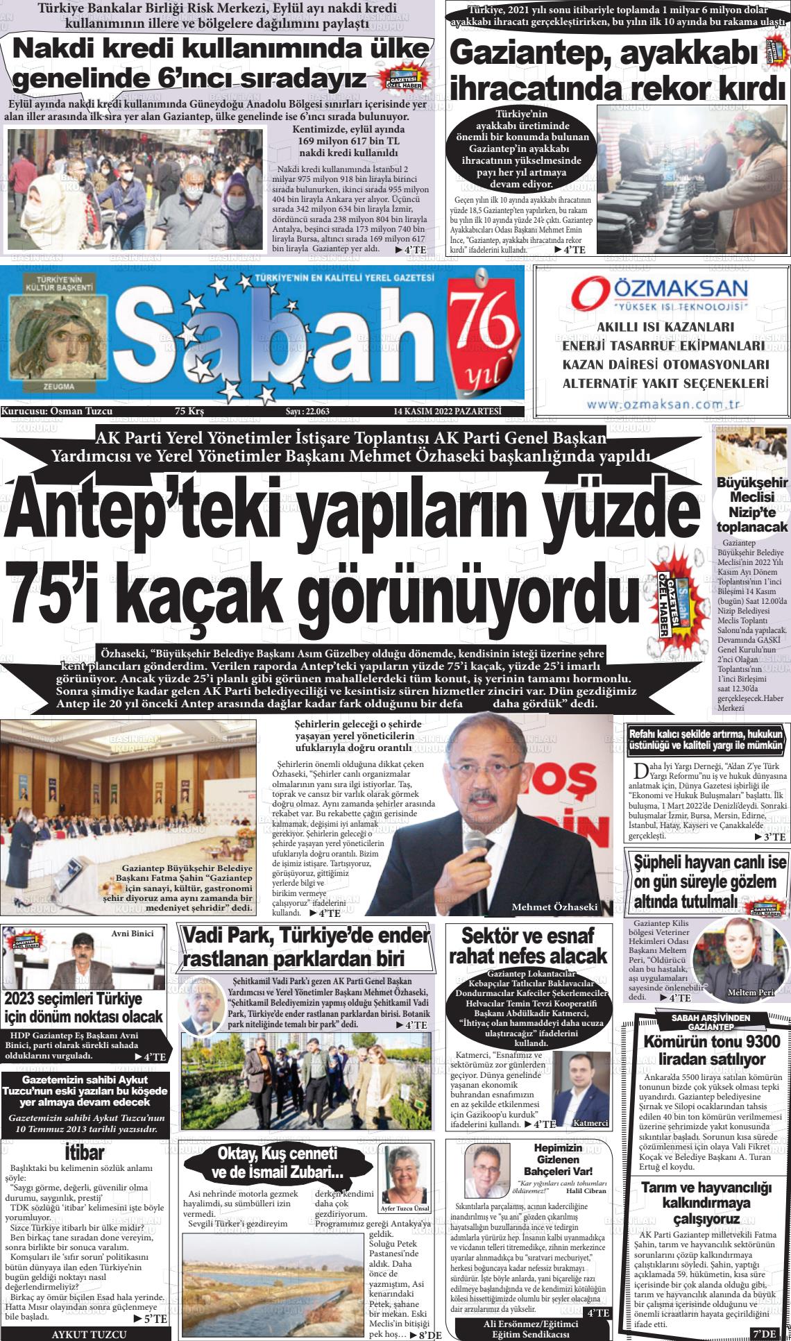 14 Kasım 2022 Gaziantep Sabah Gazete Manşeti