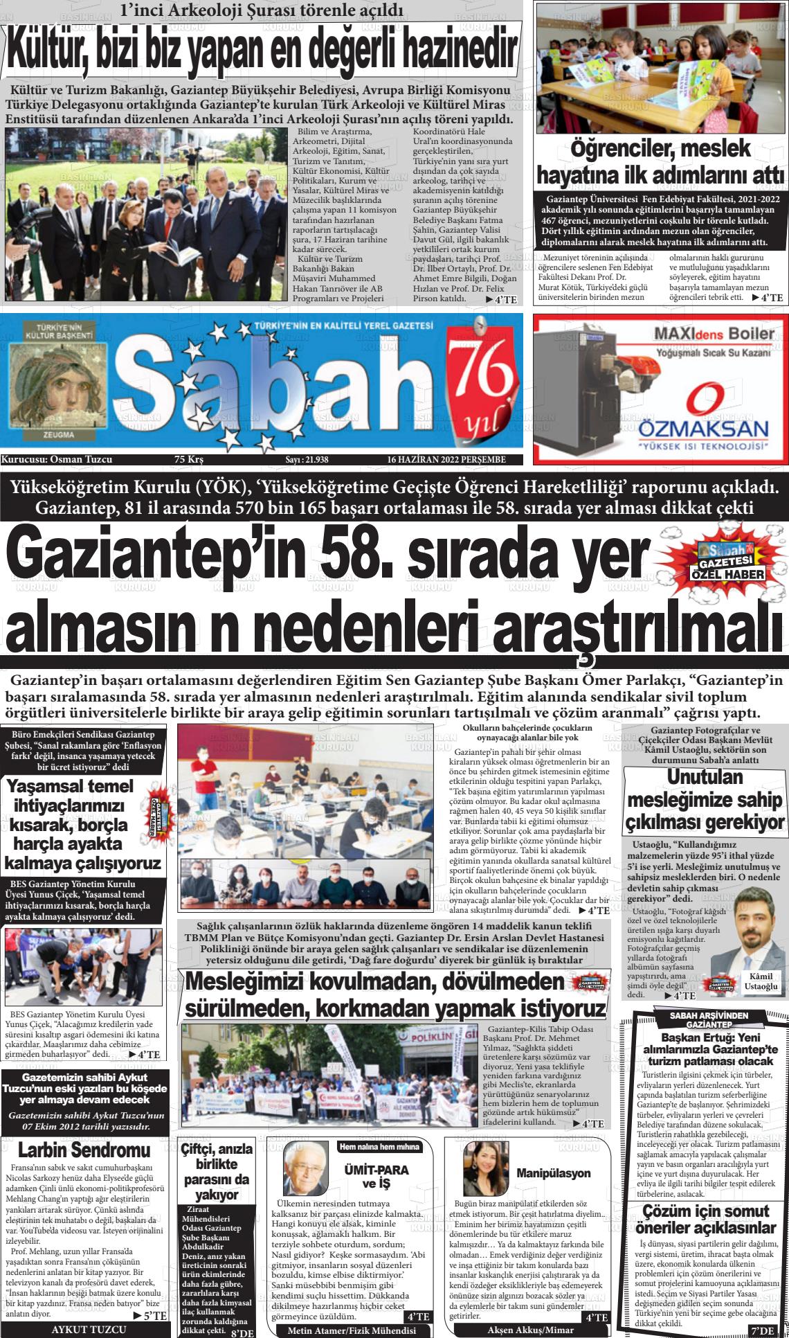 16 Haziran 2022 Gaziantep Sabah Gazete Manşeti