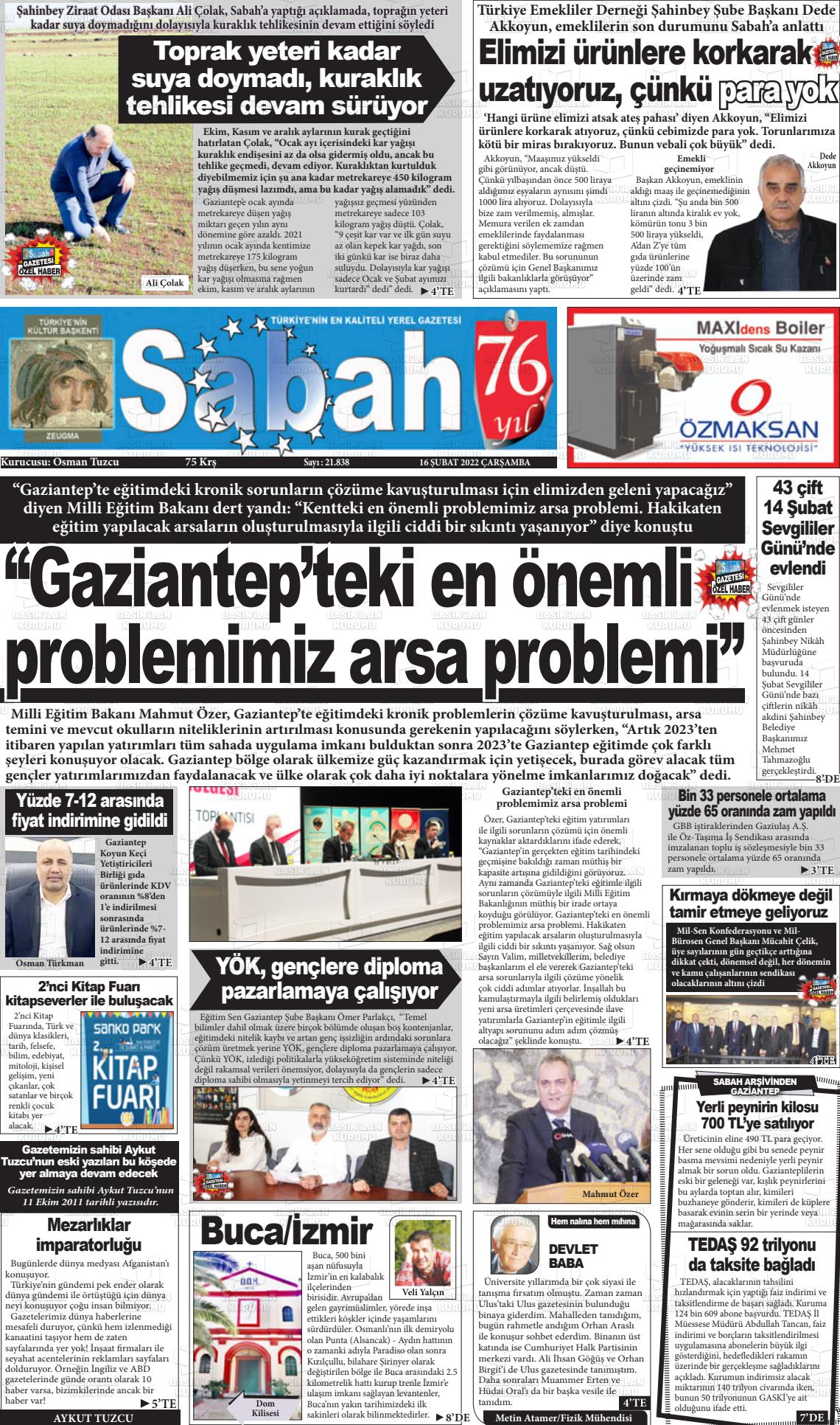 16 Şubat 2022 Gaziantep Sabah Gazete Manşeti