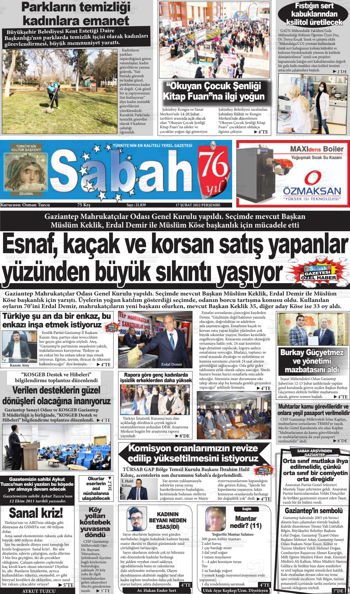 17 Şubat 2022 Gaziantep Sabah Gazete Manşeti