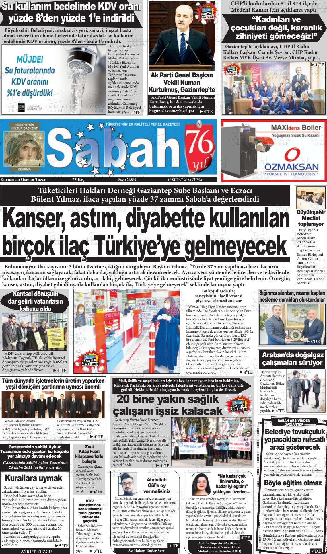 18 Şubat 2022 Gaziantep Sabah Gazete Manşeti