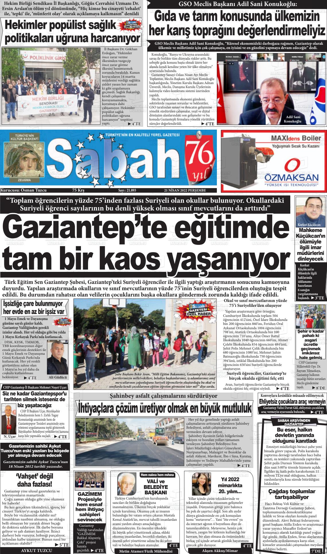 19 Haziran 2022 Gaziantep Sabah Gazete Manşeti