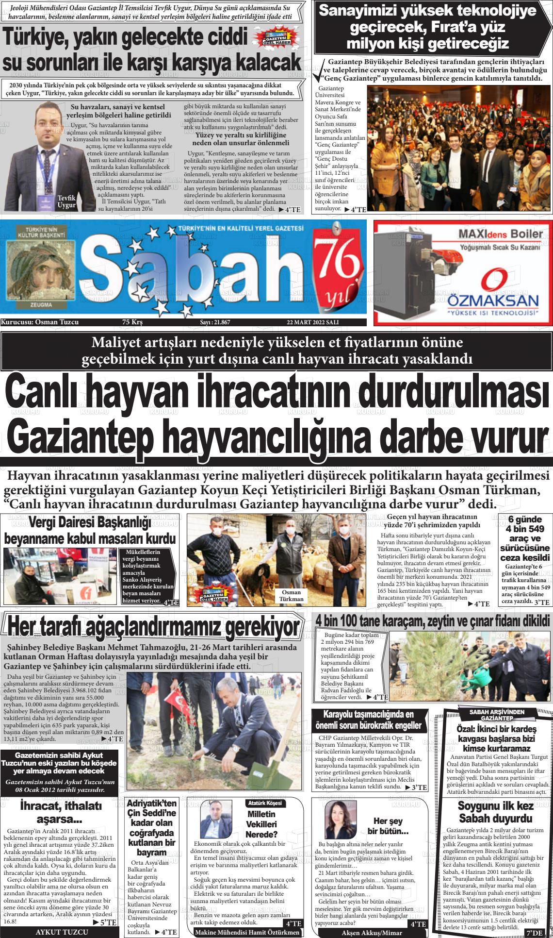 22 Mart 2022 Gaziantep Sabah Gazete Manşeti