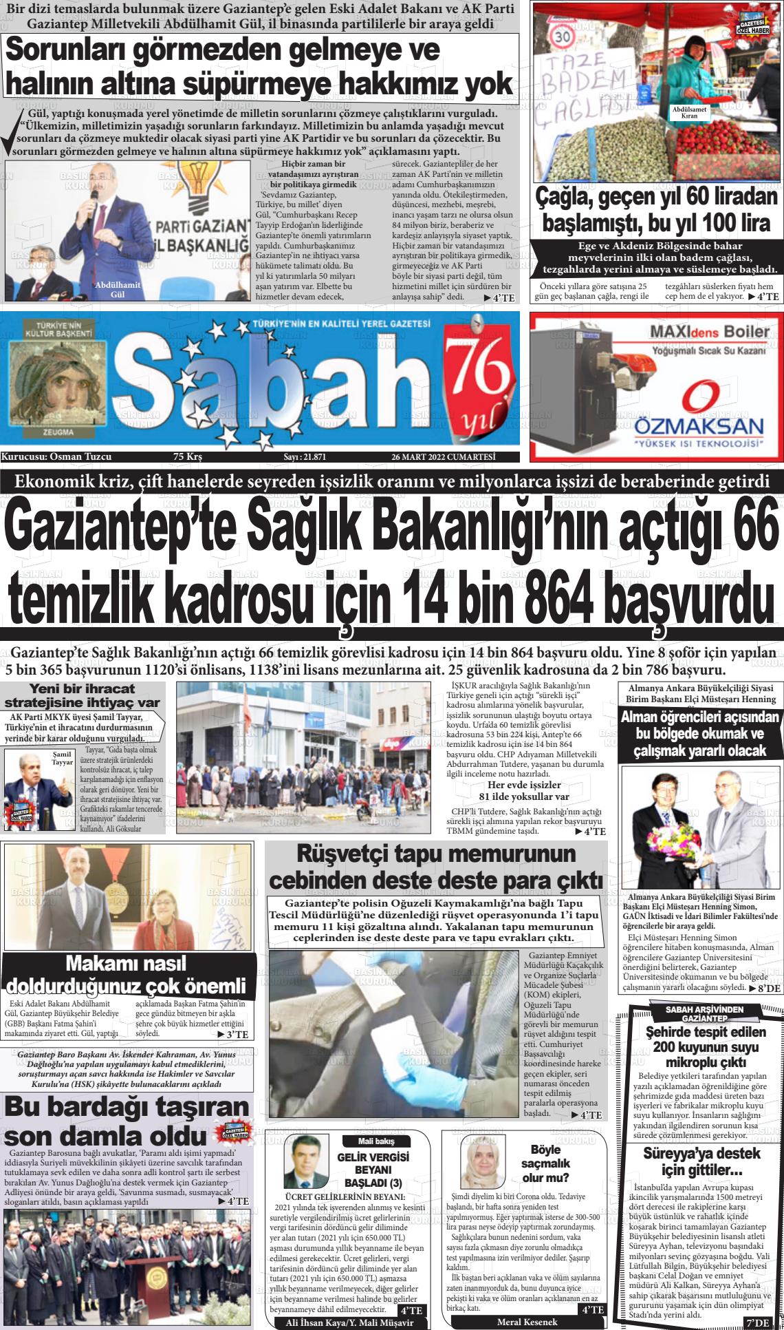 26 Mart 2022 Gaziantep Sabah Gazete Manşeti