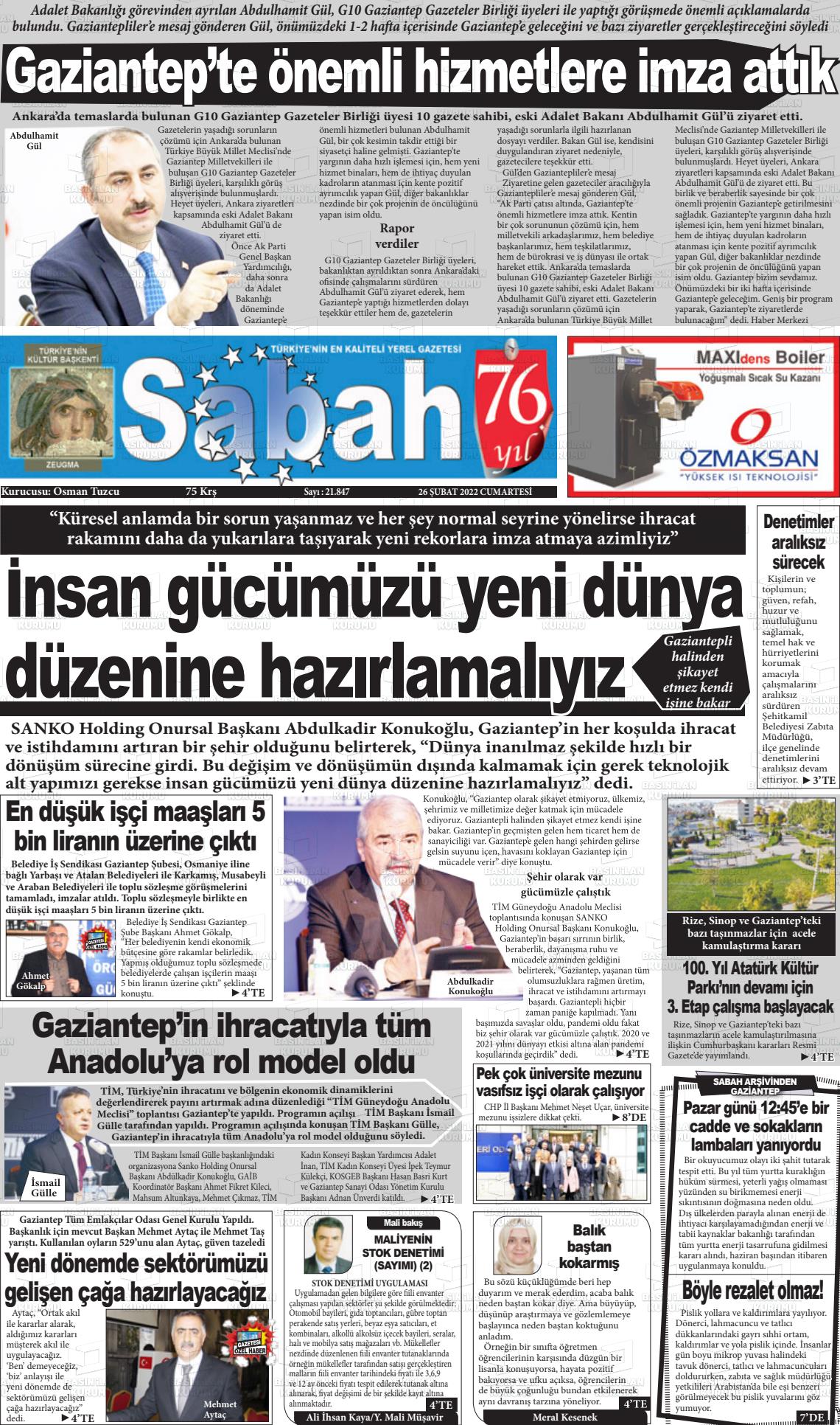 26 Şubat 2022 Gaziantep Sabah Gazete Manşeti