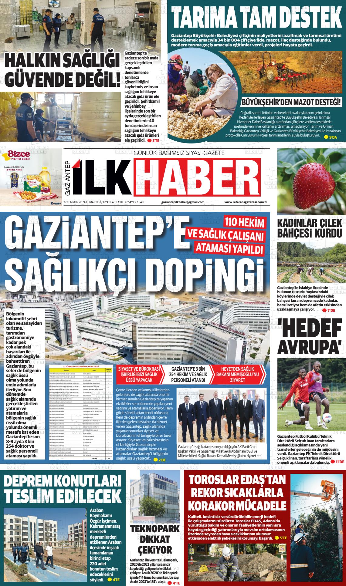 27 Temmuz 2024 Gaziantep Sabah Gazete Manşeti