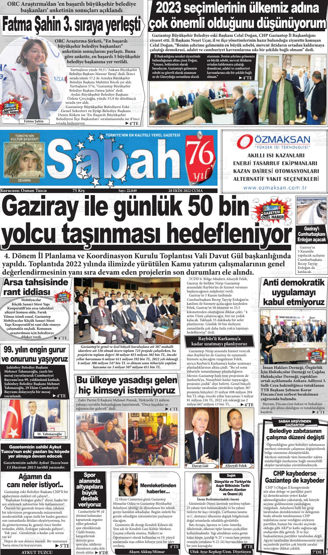 28 Ekim 2022 Gaziantep Sabah Gazete Manşeti