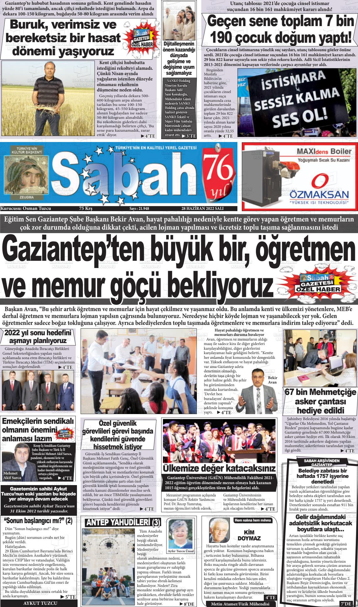 28 Haziran 2022 Gaziantep Sabah Gazete Manşeti