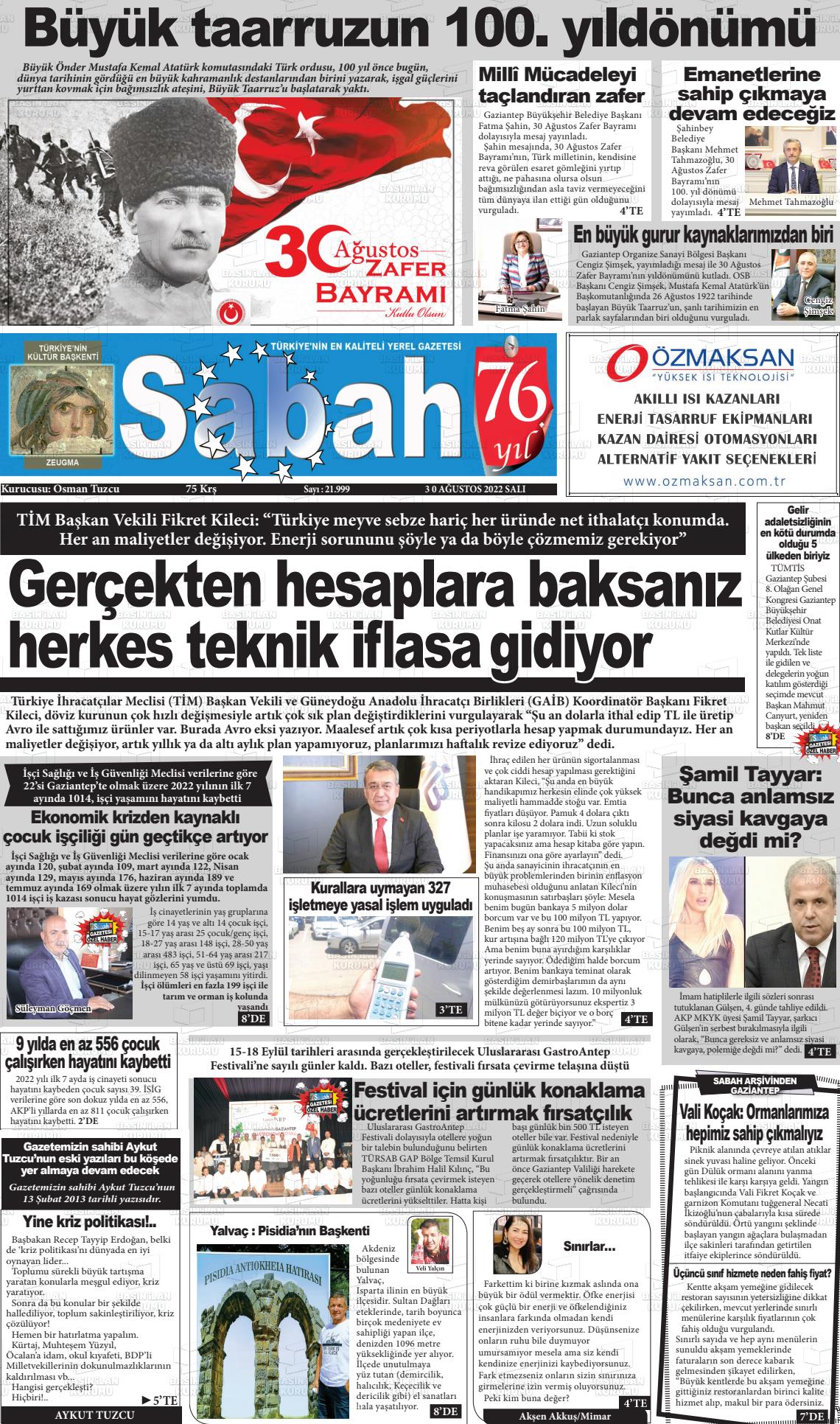 30 Ağustos 2022 Gaziantep Sabah Gazete Manşeti