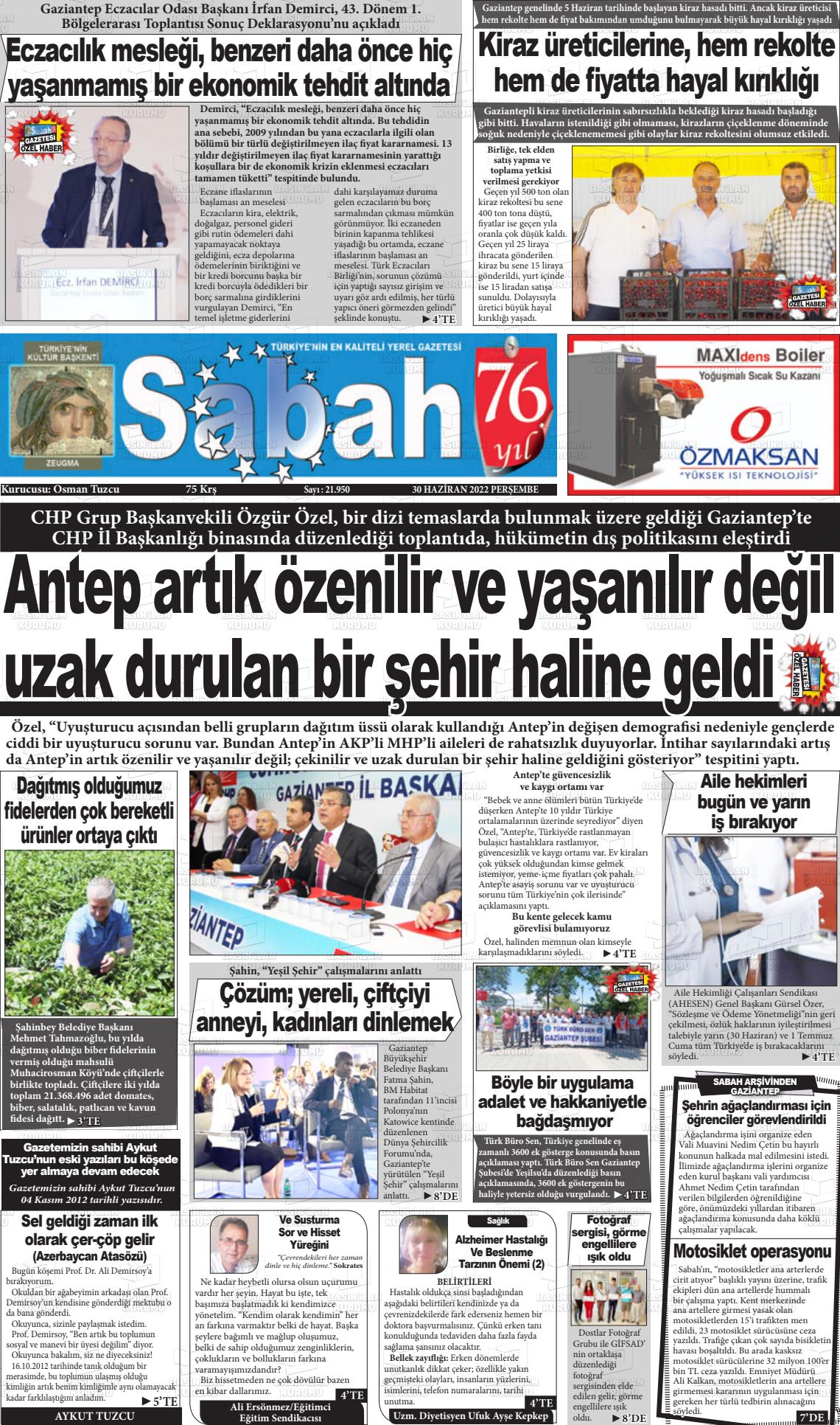 30 Haziran 2022 Gaziantep Sabah Gazete Manşeti