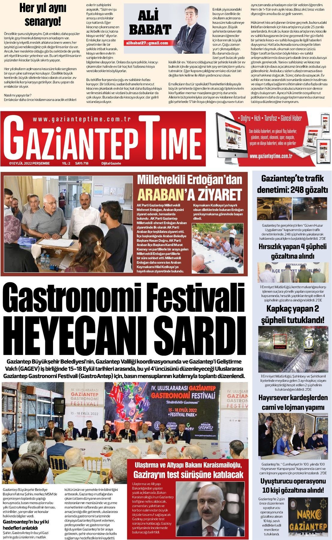 01 Eylül 2022 Gaziantep Time Gazete Manşeti