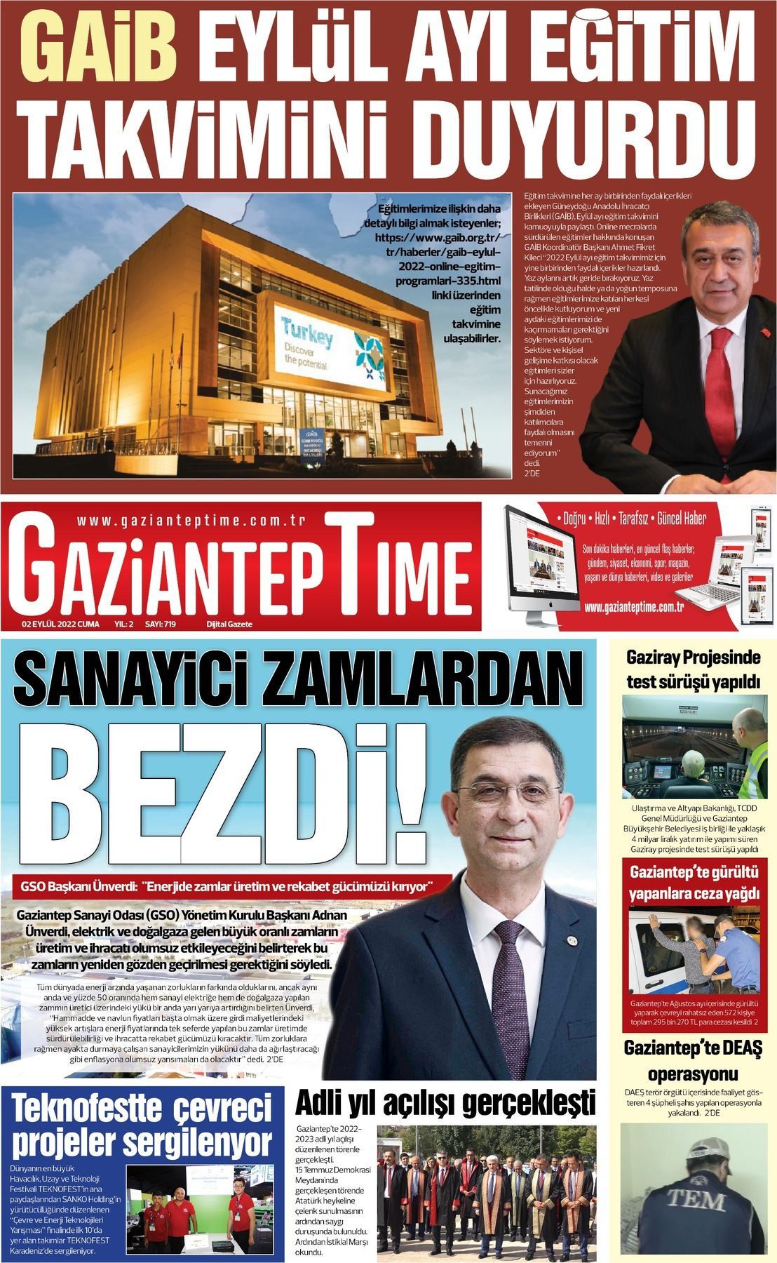 02 Eylül 2022 Gaziantep Time Gazete Manşeti