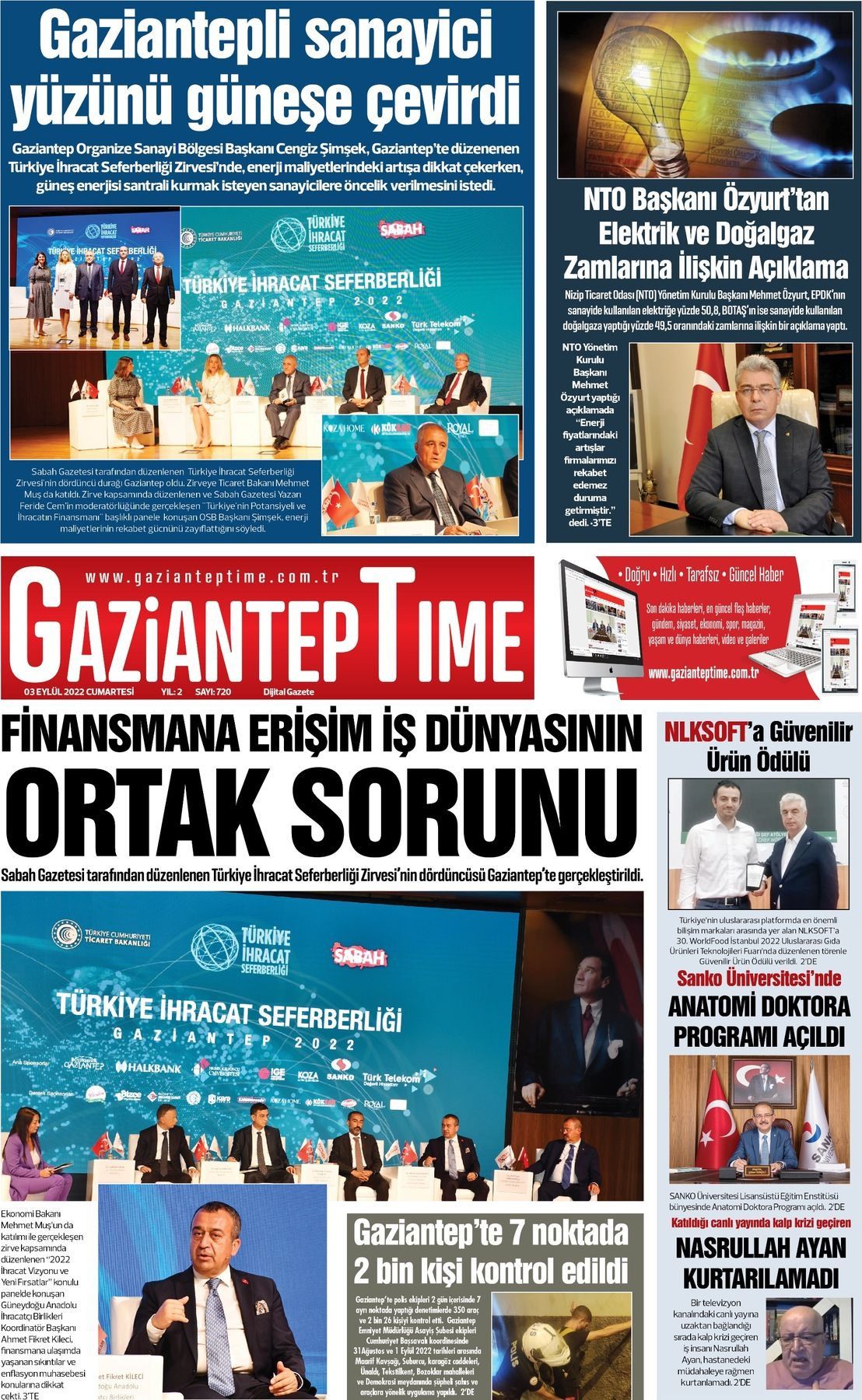 04 Eylül 2022 Gaziantep Time Gazete Manşeti