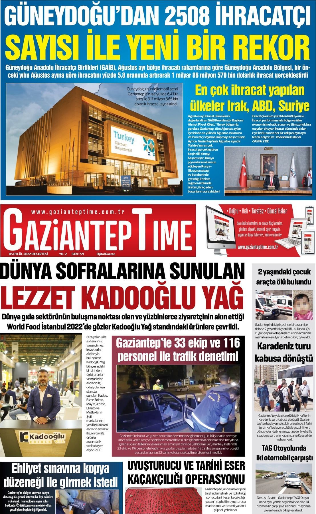 05 Eylül 2022 Gaziantep Time Gazete Manşeti