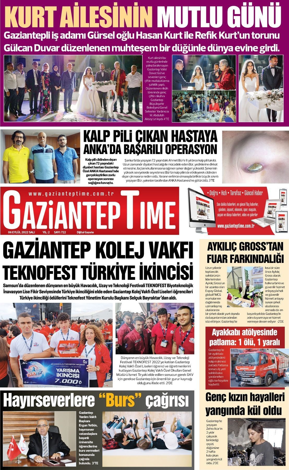 06 Eylül 2022 Gaziantep Time Gazete Manşeti