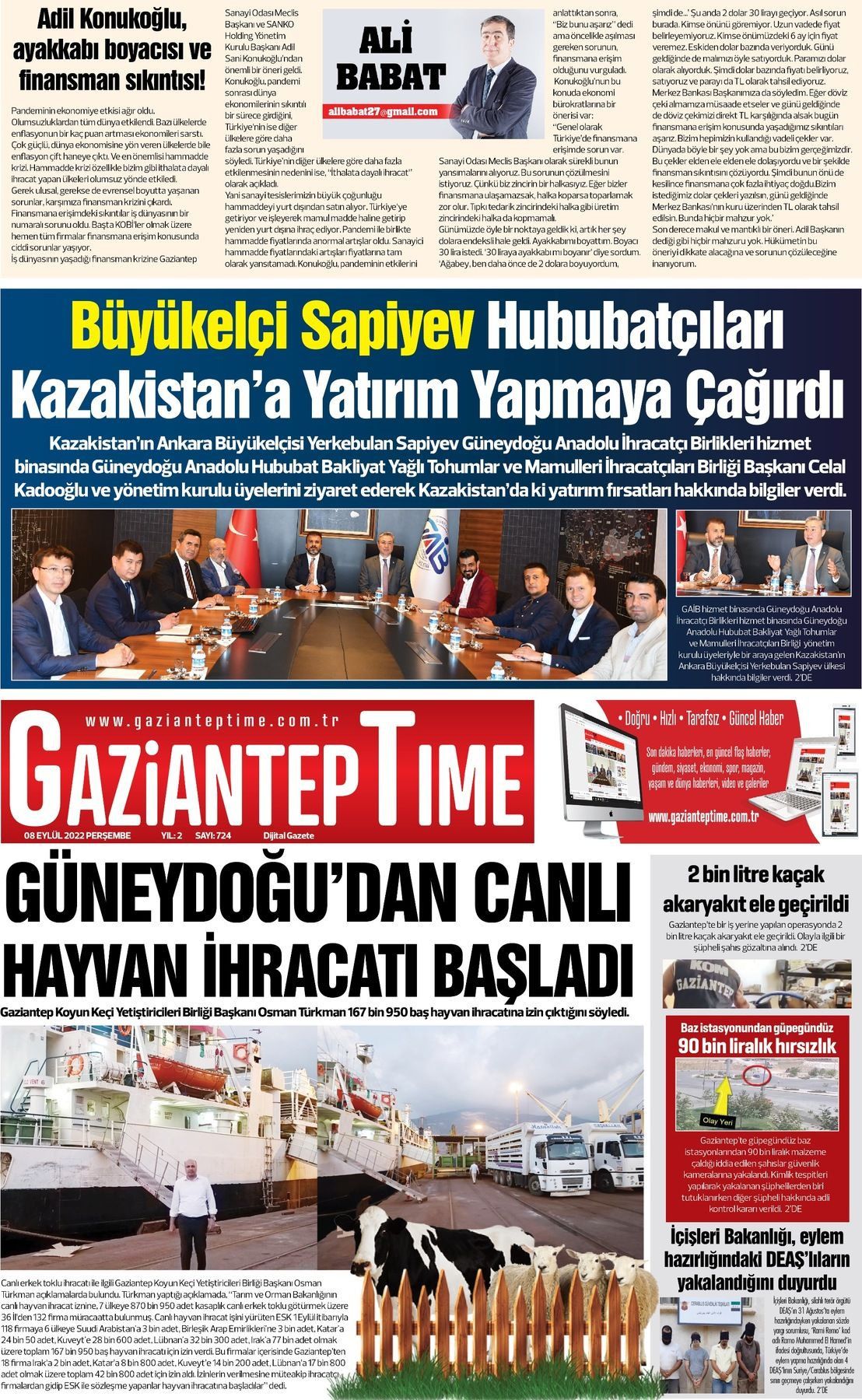 08 Eylül 2022 Gaziantep Time Gazete Manşeti