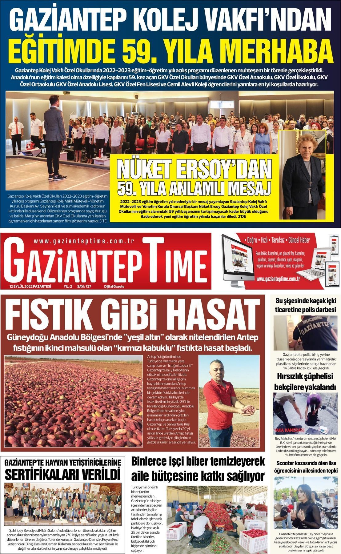 12 Eylül 2022 Gaziantep Time Gazete Manşeti