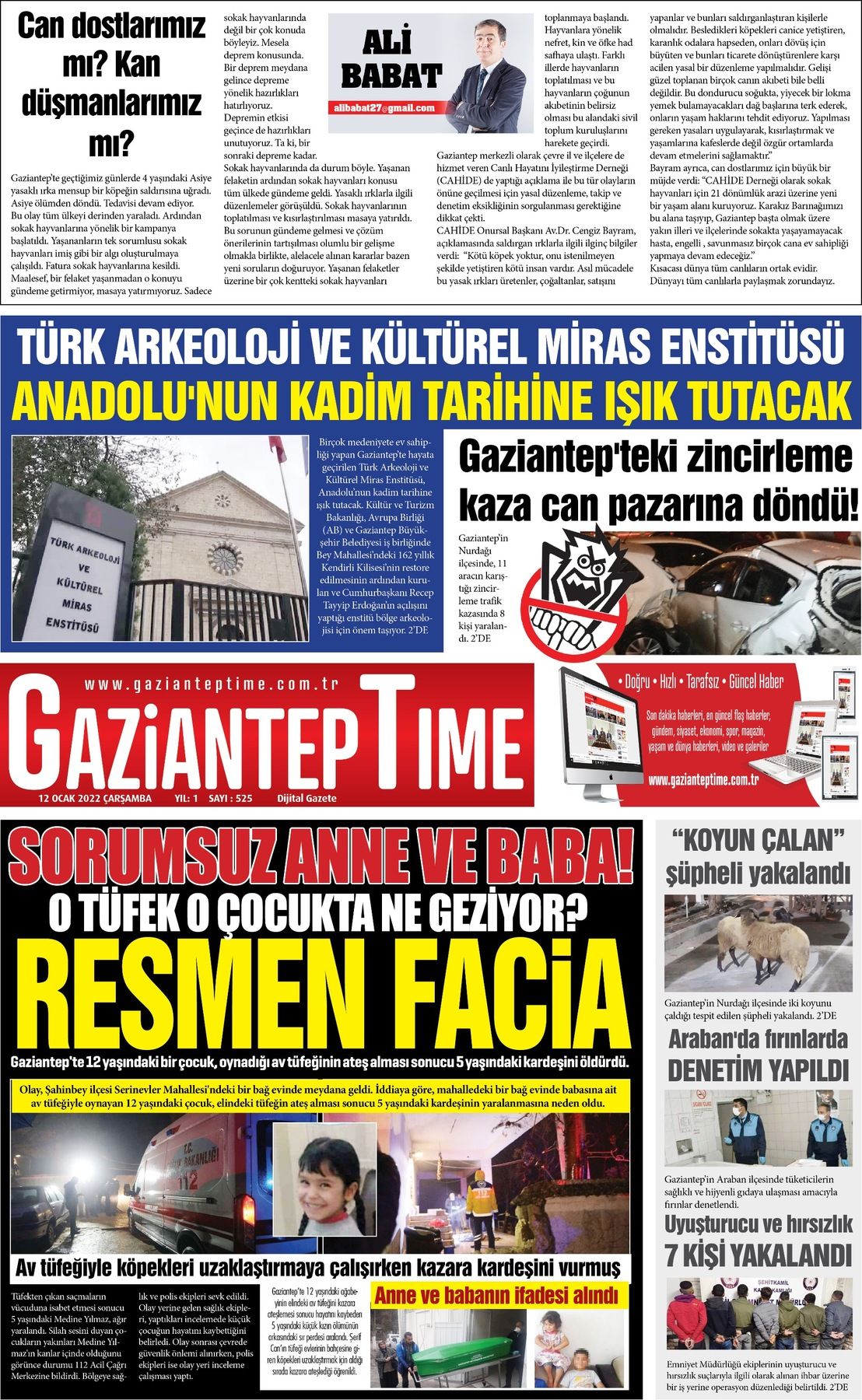 12 Ocak 2022 Gaziantep Time Gazete Manşeti