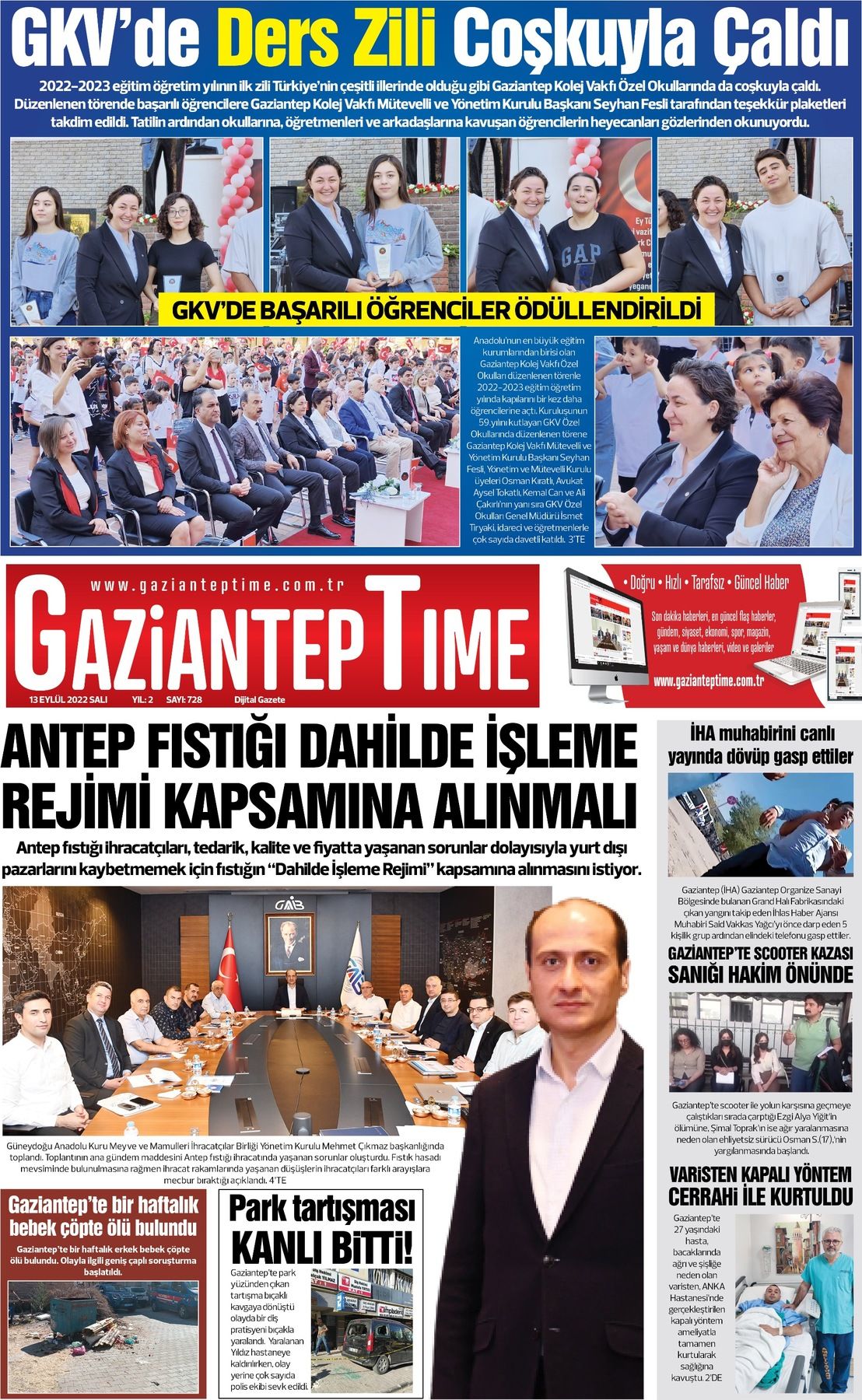 13 Eylül 2022 Gaziantep Time Gazete Manşeti