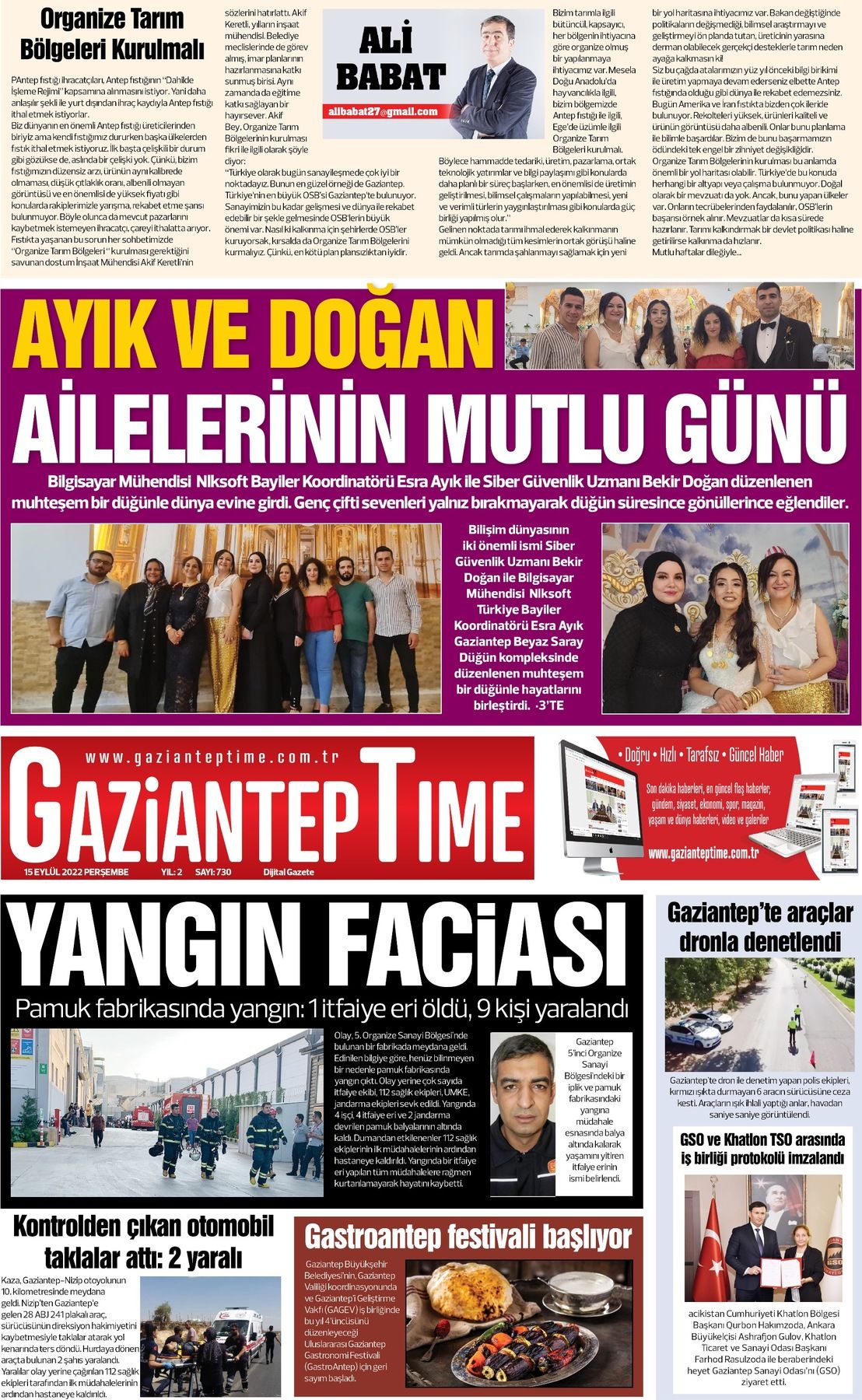 15 Eylül 2022 Gaziantep Time Gazete Manşeti