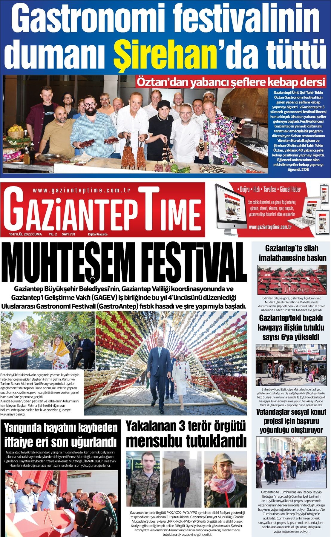 16 Eylül 2022 Gaziantep Time Gazete Manşeti