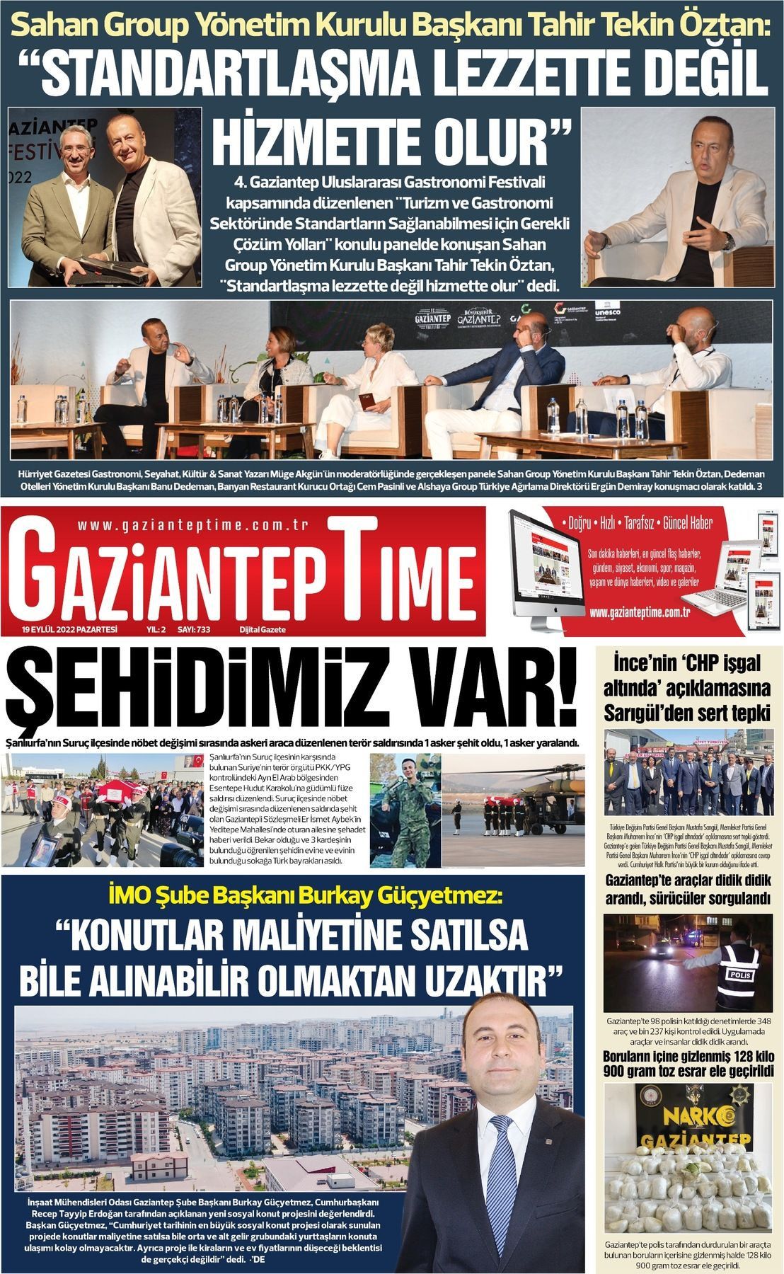 19 Eylül 2022 Gaziantep Time Gazete Manşeti