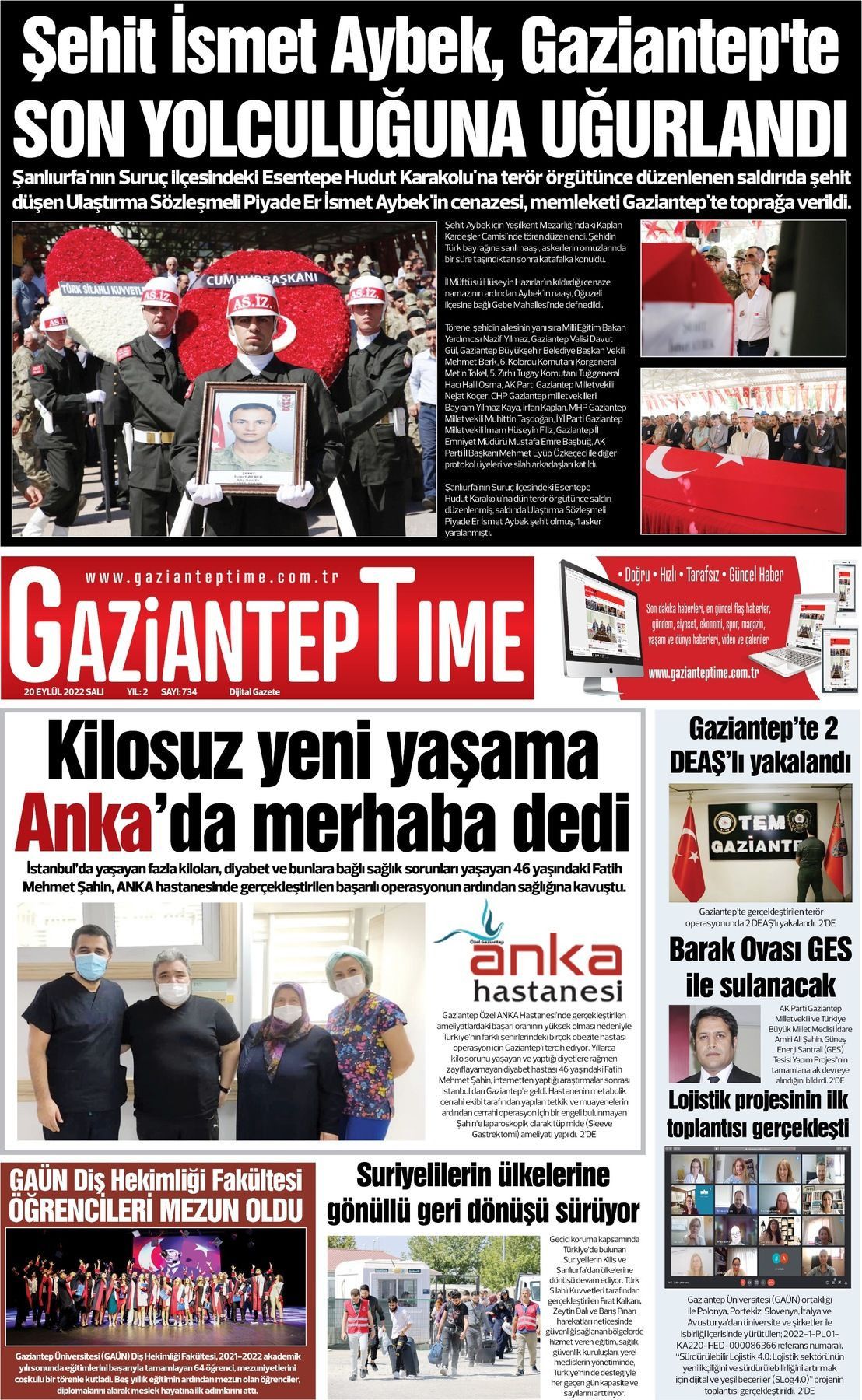 20 Eylül 2022 Gaziantep Time Gazete Manşeti