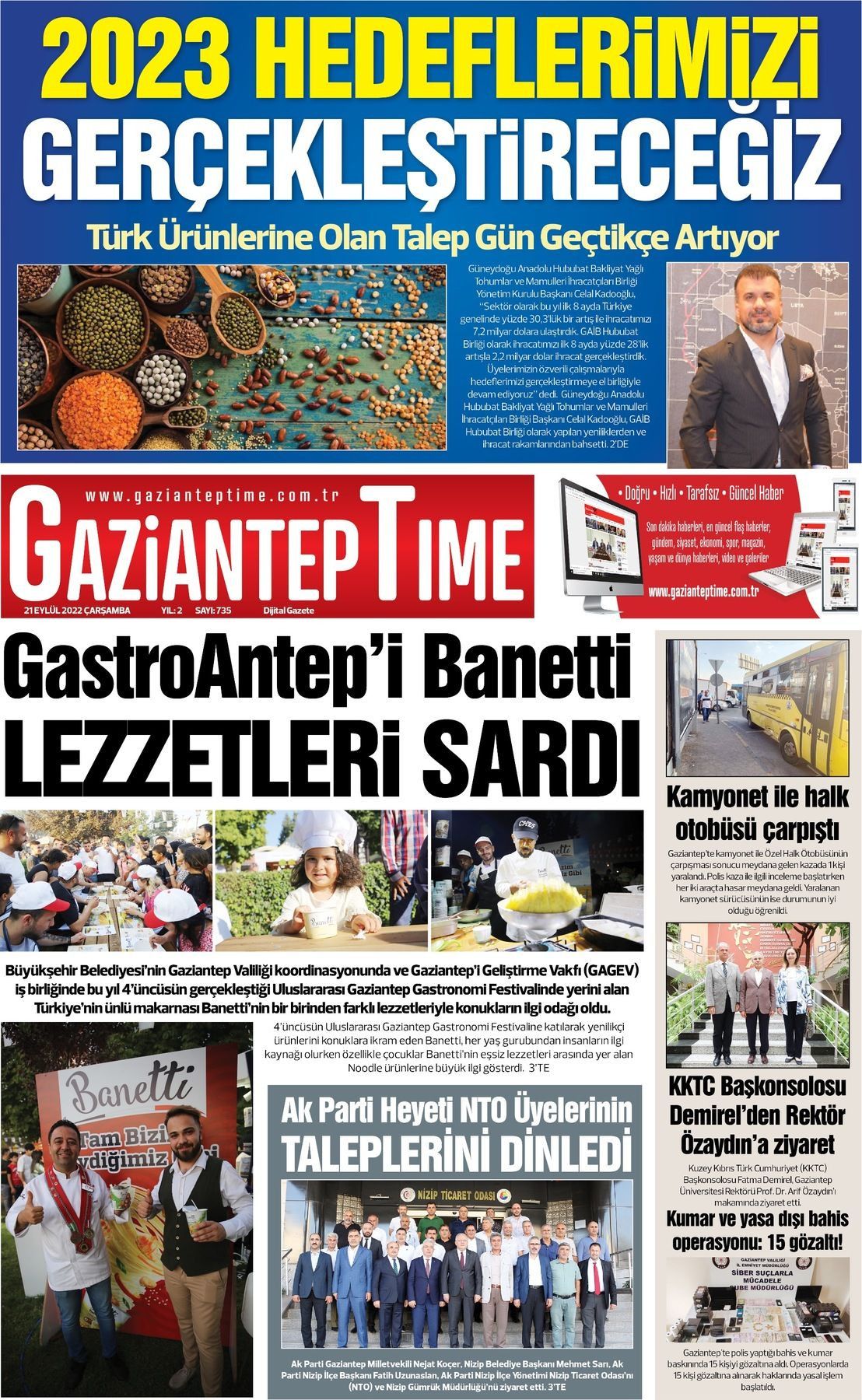 21 Eylül 2022 Gaziantep Time Gazete Manşeti