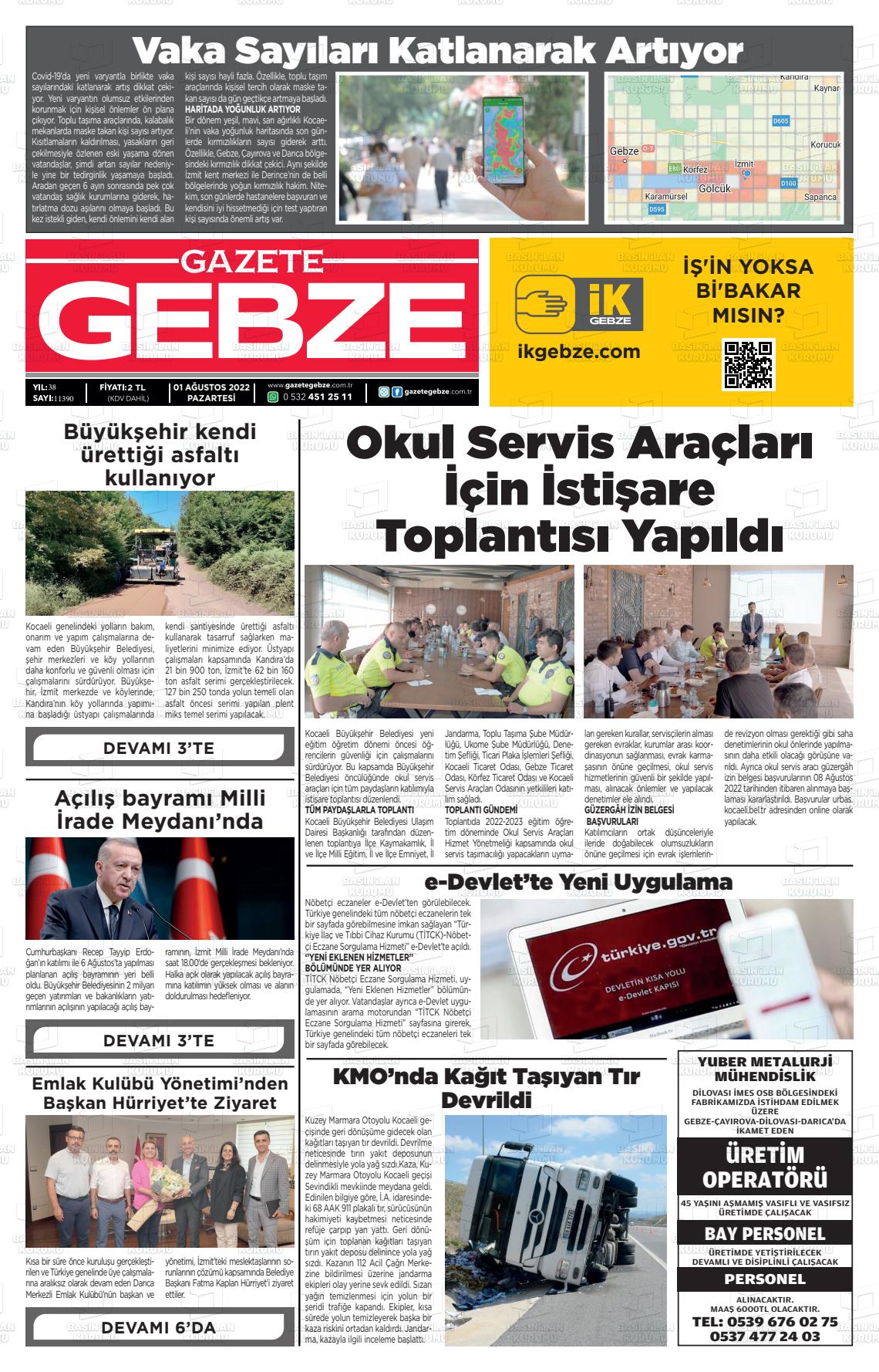 01 Ağustos 2022 Gebze Gazete Manşeti