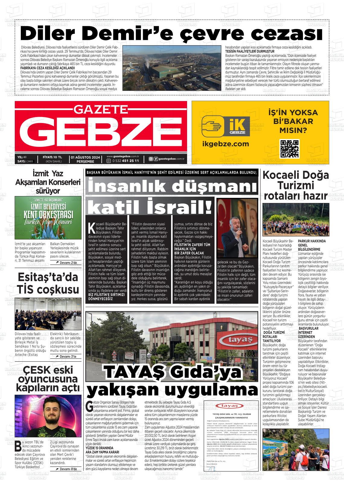 01 Ağustos 2024 Gebze Gazete Manşeti