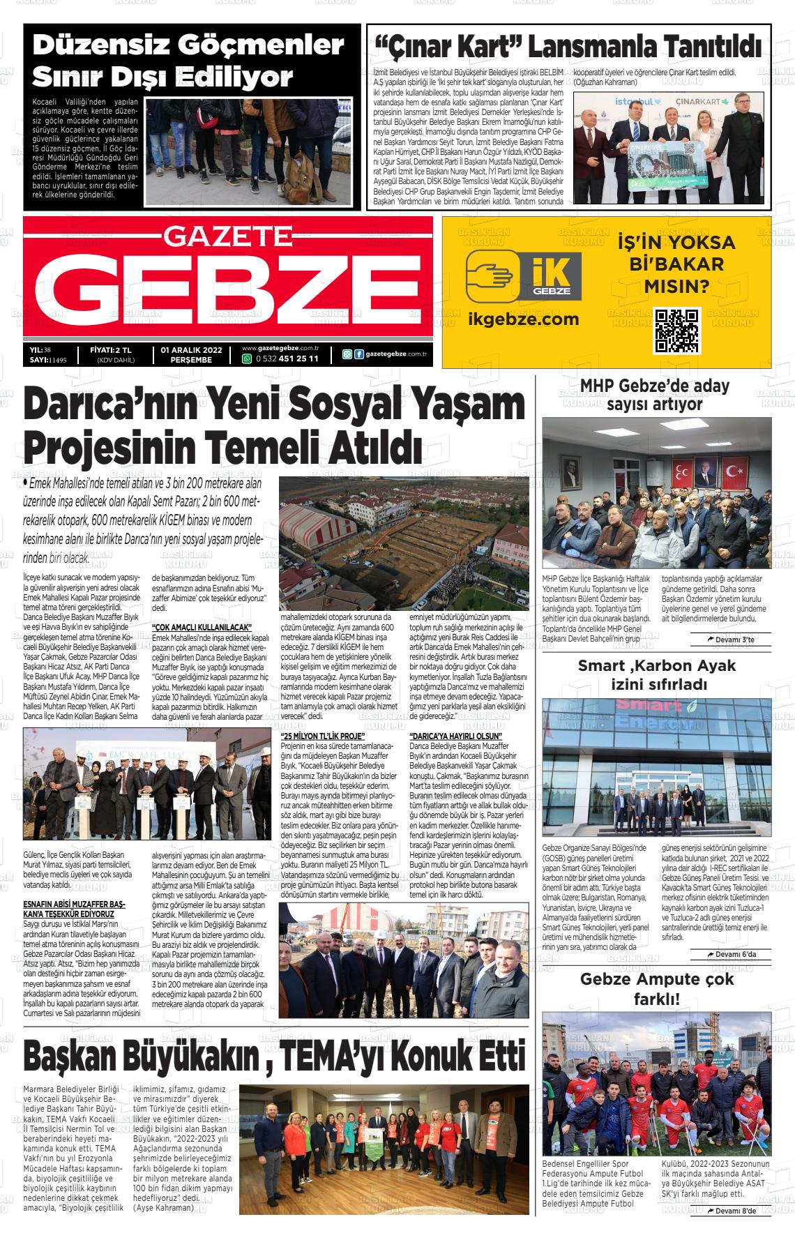 01 Aralık 2022 Gebze Gazete Manşeti